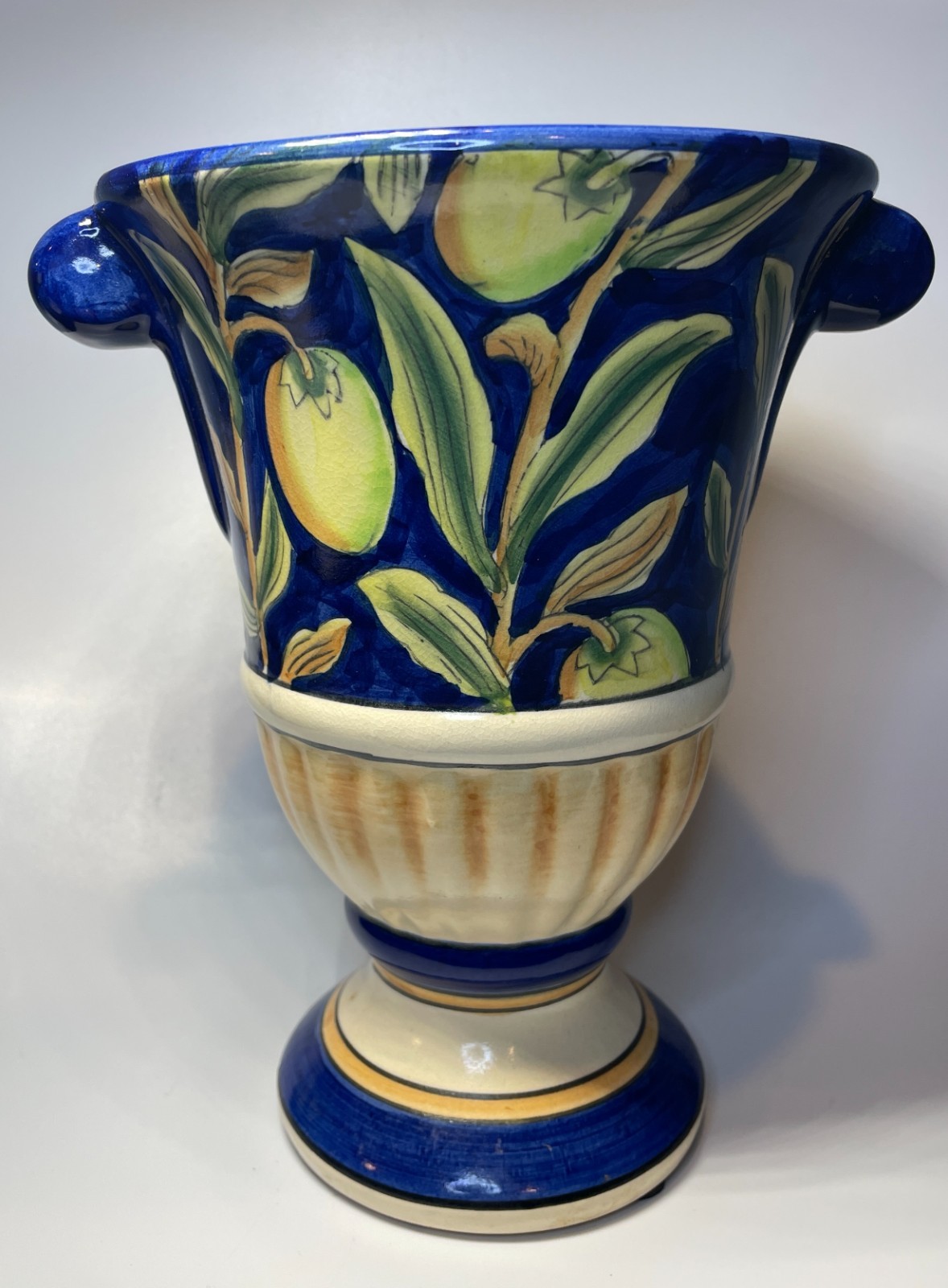 Vintage Vase Two Handled Cobalt Blue with Greenery Plant Fruit Majolica Italian