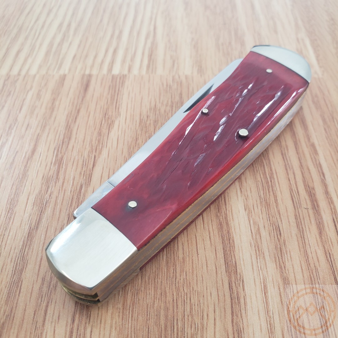 Queen Big Boy Trapper Pocket Knife 1095 Steel Blades Red Jigged Bone Handle 7555