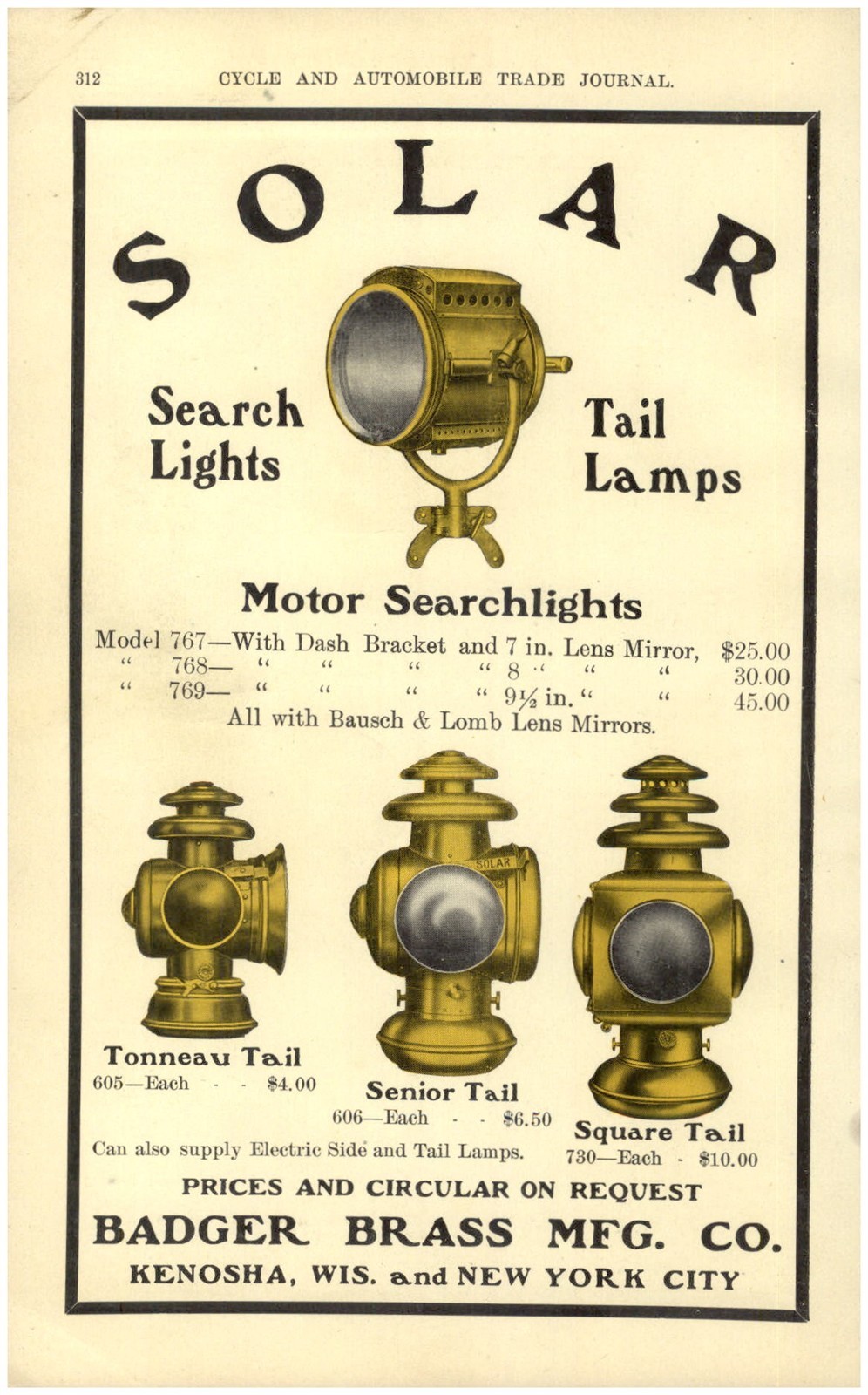 1907 PAPER AD CAR AUTO 4PG COLOR Badger Brass Solar Generator Lamp Search Light