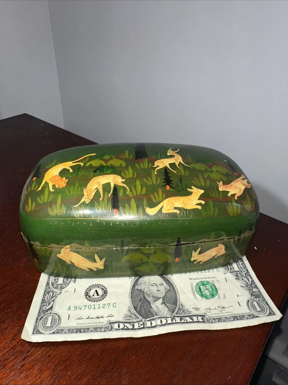 Vintage Kashmir India Hand Painted Lacquer Trinket Box Animals