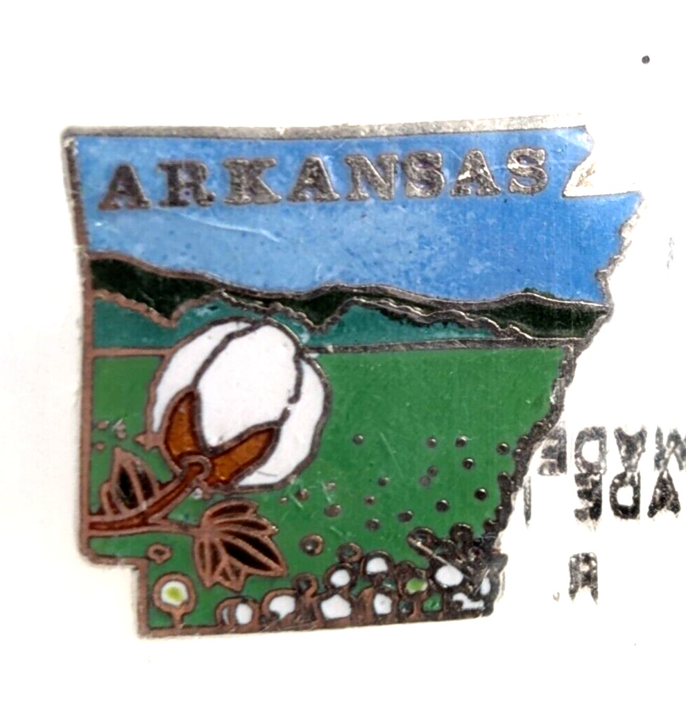 Arkansas State Map Cotton Field Mountain Scene Souvenir Pin Vintage Mafco NOS