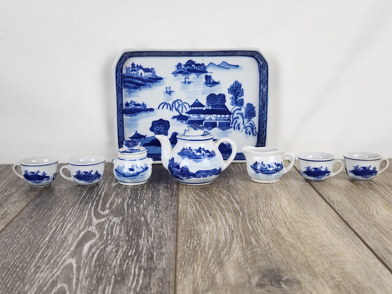 Vintage Mini Chinese Blue Canton Tea Set Blue White Chinoiserie Child’s Tea Set