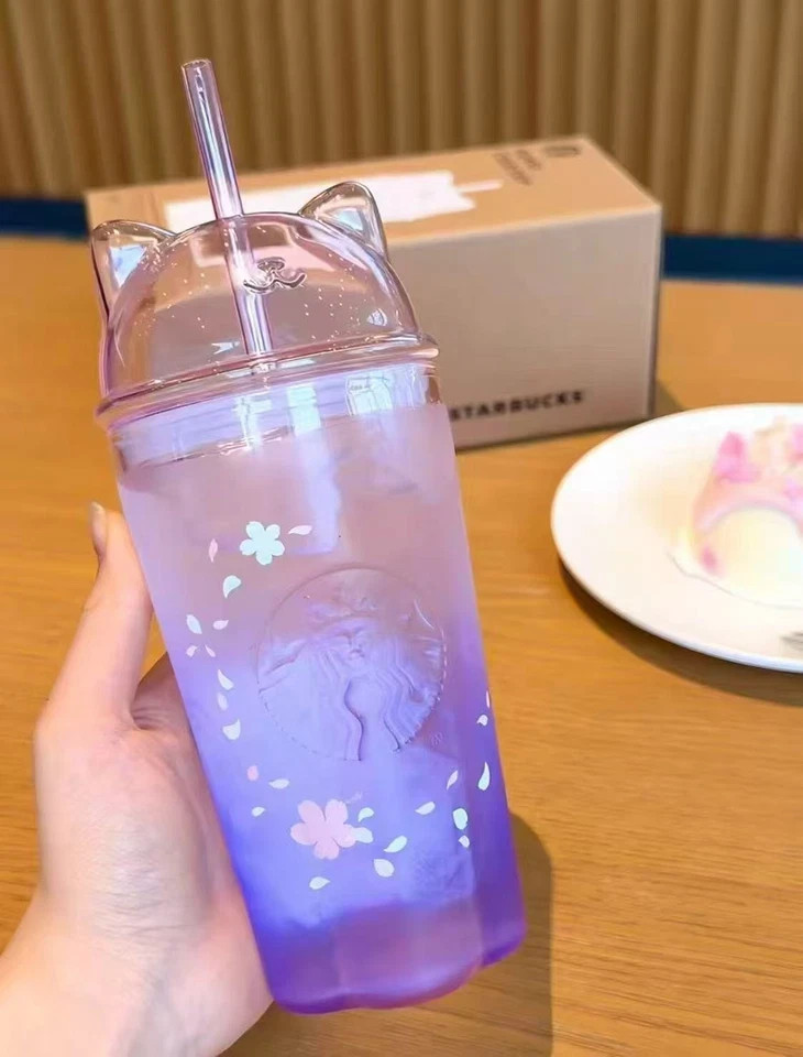 Starbucks Sakura Limited Edition Cat Ear Purple Gradient Glass Cold Cup 500ml