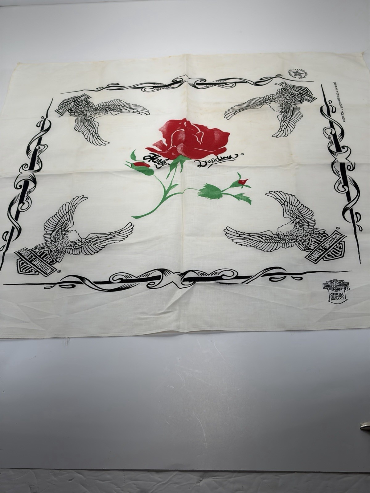 Vintage Harley Davidson Bandana Scarf Red Roses White 22×221 Made USA RN16463