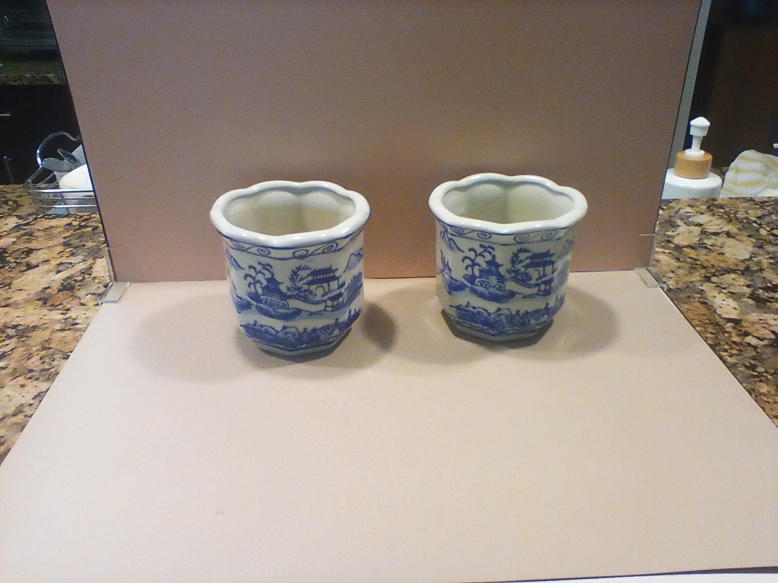 Blue and White Canton Chinese Export Pattern Porcelain Planters Scalloped Mouth