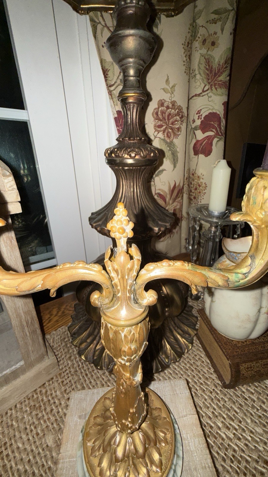 Vintage Brass Two Arm Candelabra Marble Base Acorn Oak Leaf Candle Holder