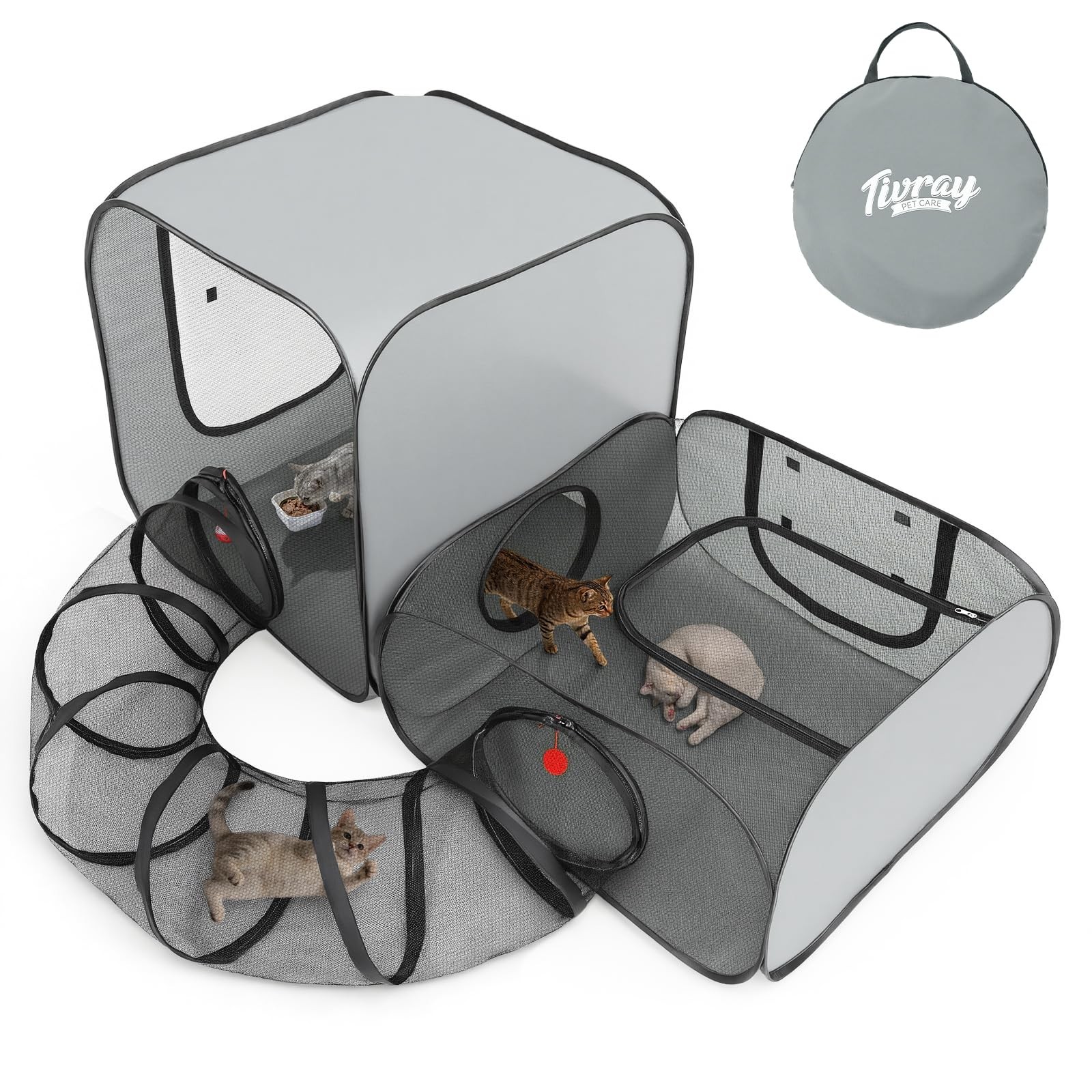 Tivray Cat Playpen 3-In-1 Pop-Up Outdoor Cat Enclosure 2 Rooms 1 Tunnel