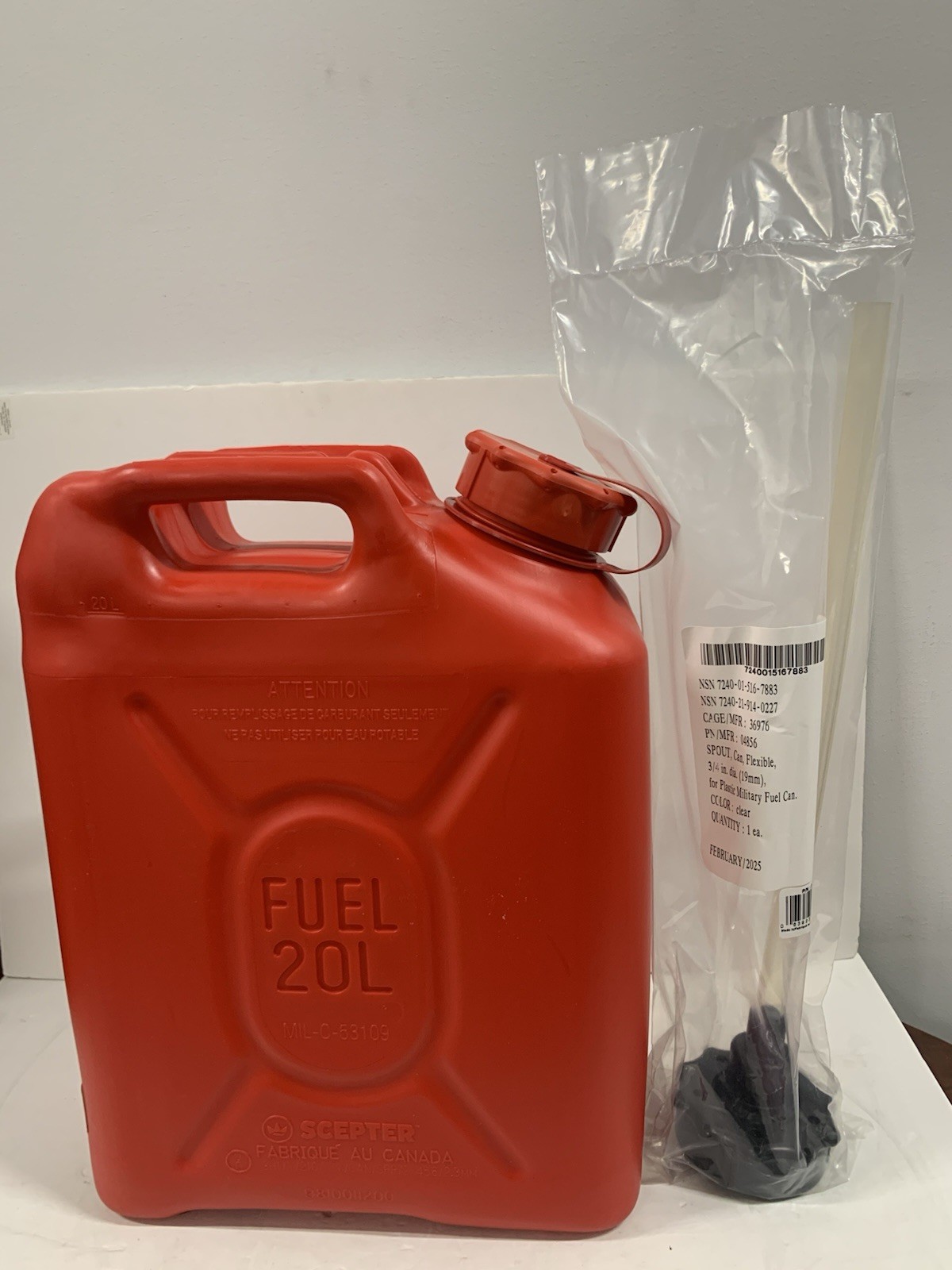 Brand New Scepter Red Military Fuel Can (MFC) 5 Gallon / 20 L With New Spout.
