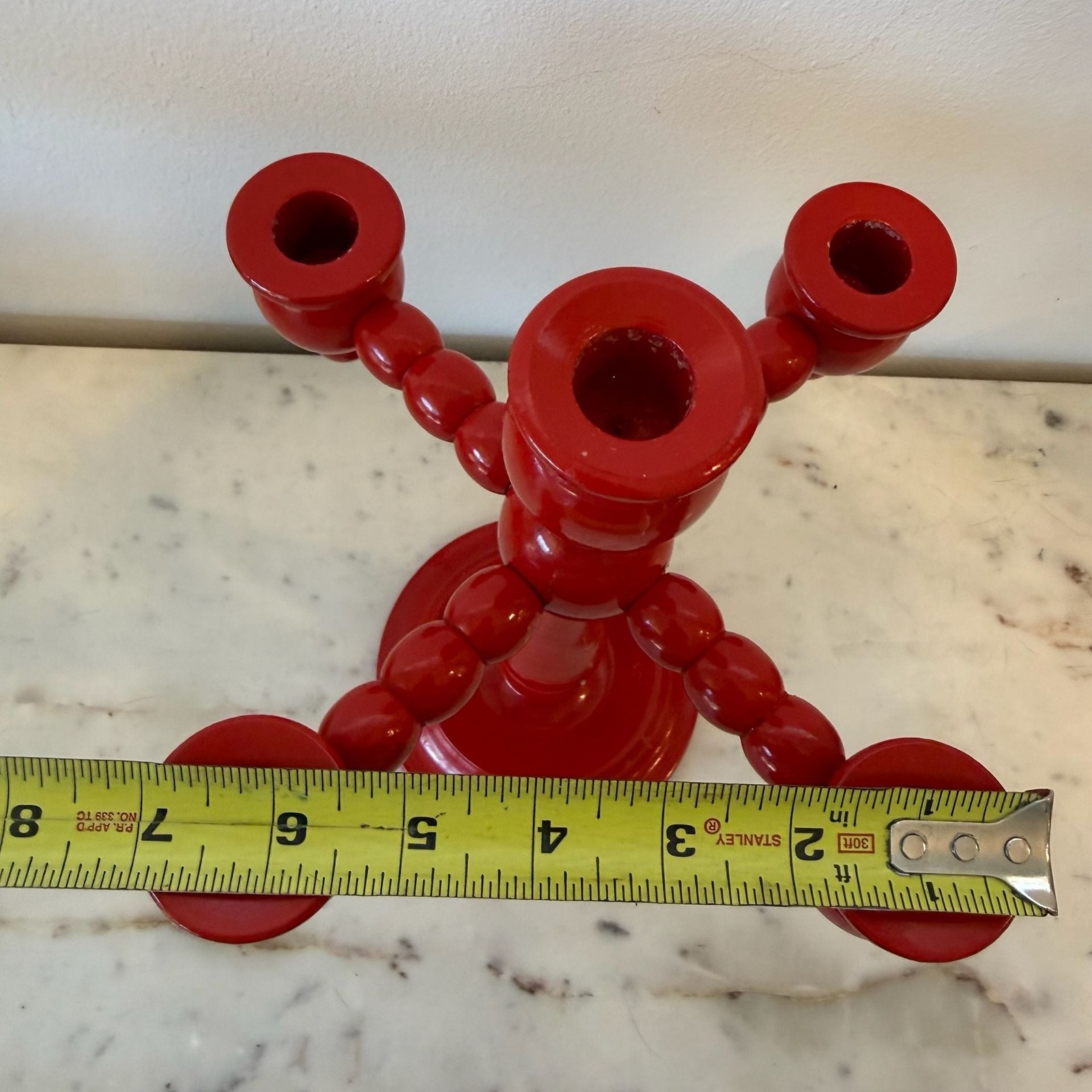 MCM Scandinavian Red Bobbin Candelabra Swedish Folk Art 5 Arm Candle Holder