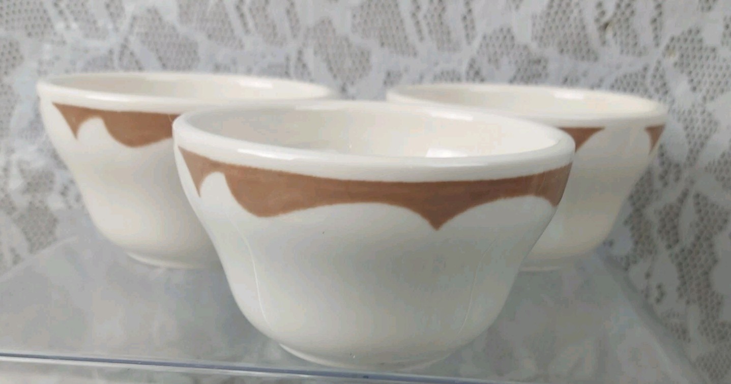 Homer Laughlin Custard Cups Bowls White Brown Swirls Restaurant Ware Lot Of 3