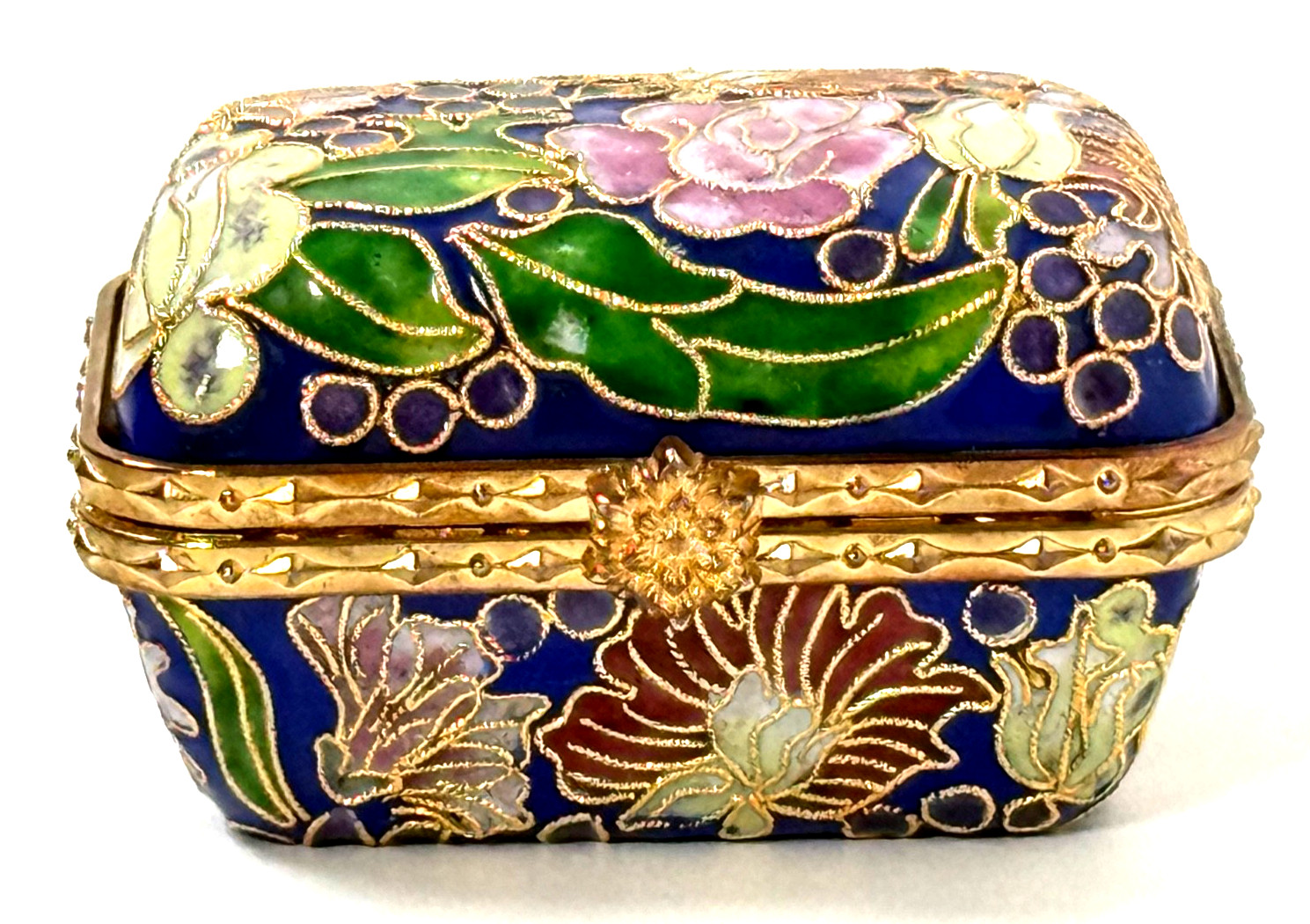Vintage Cloisonne Enamel Trinket Box Floral Blue Gold Gilt Hinged Jewelry Case