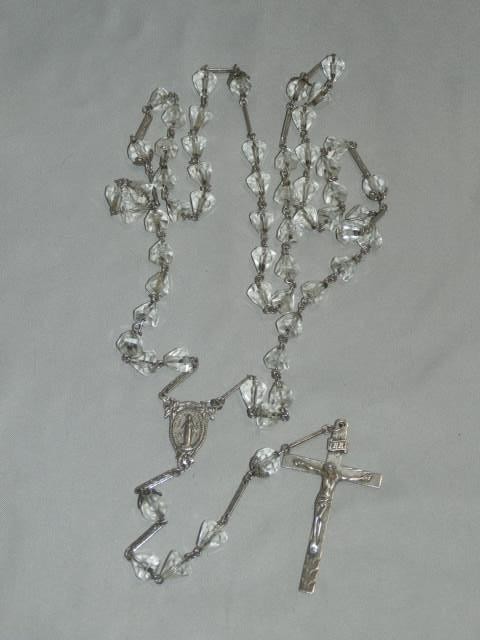 AFCO Cone and Round Shaped Crystal Bead Rosary Sterling Silver Crucifix 27″ Long