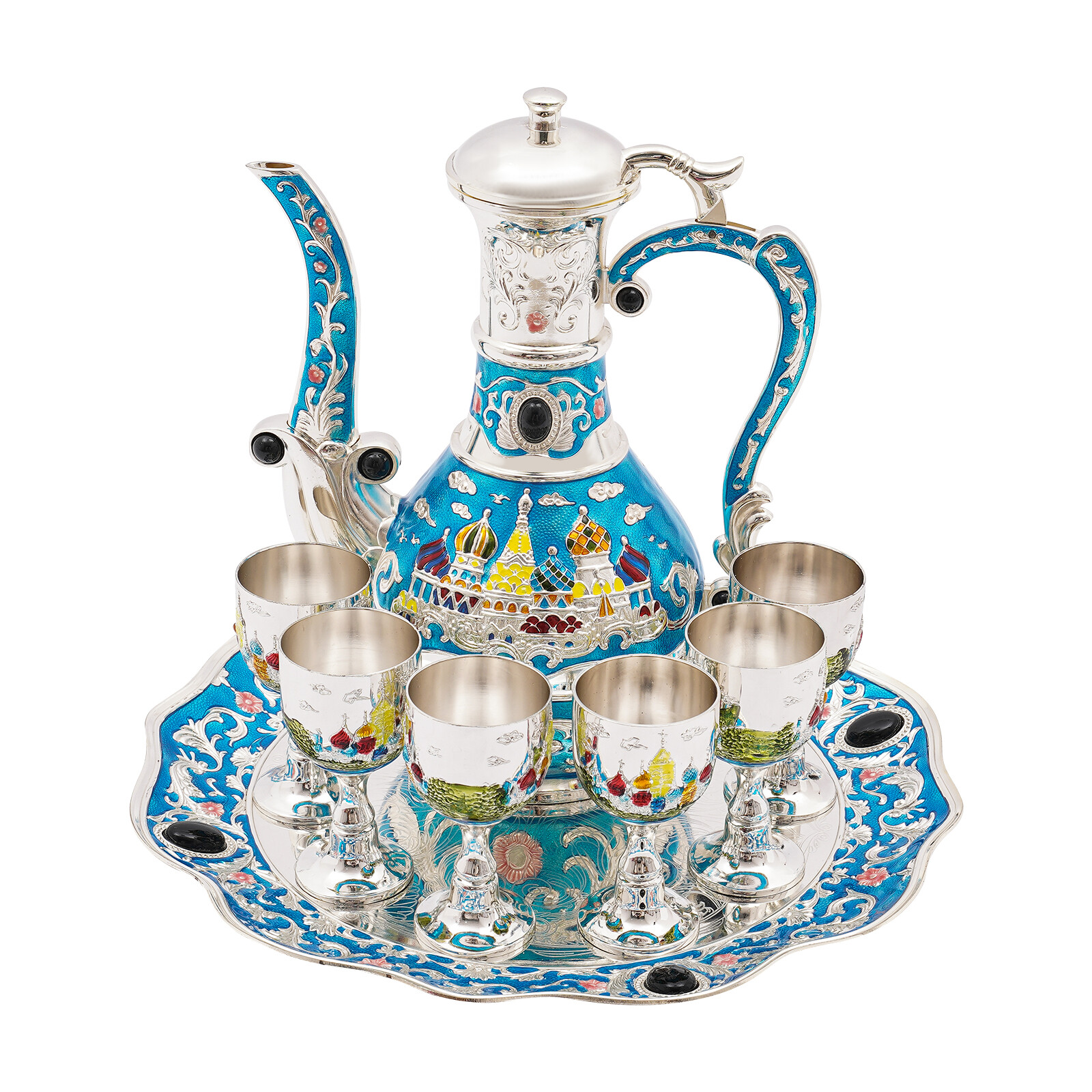 Antique Zinc Alloy Tea Set 800ml Teapot 6 × 50ml Cups Castle Pattern