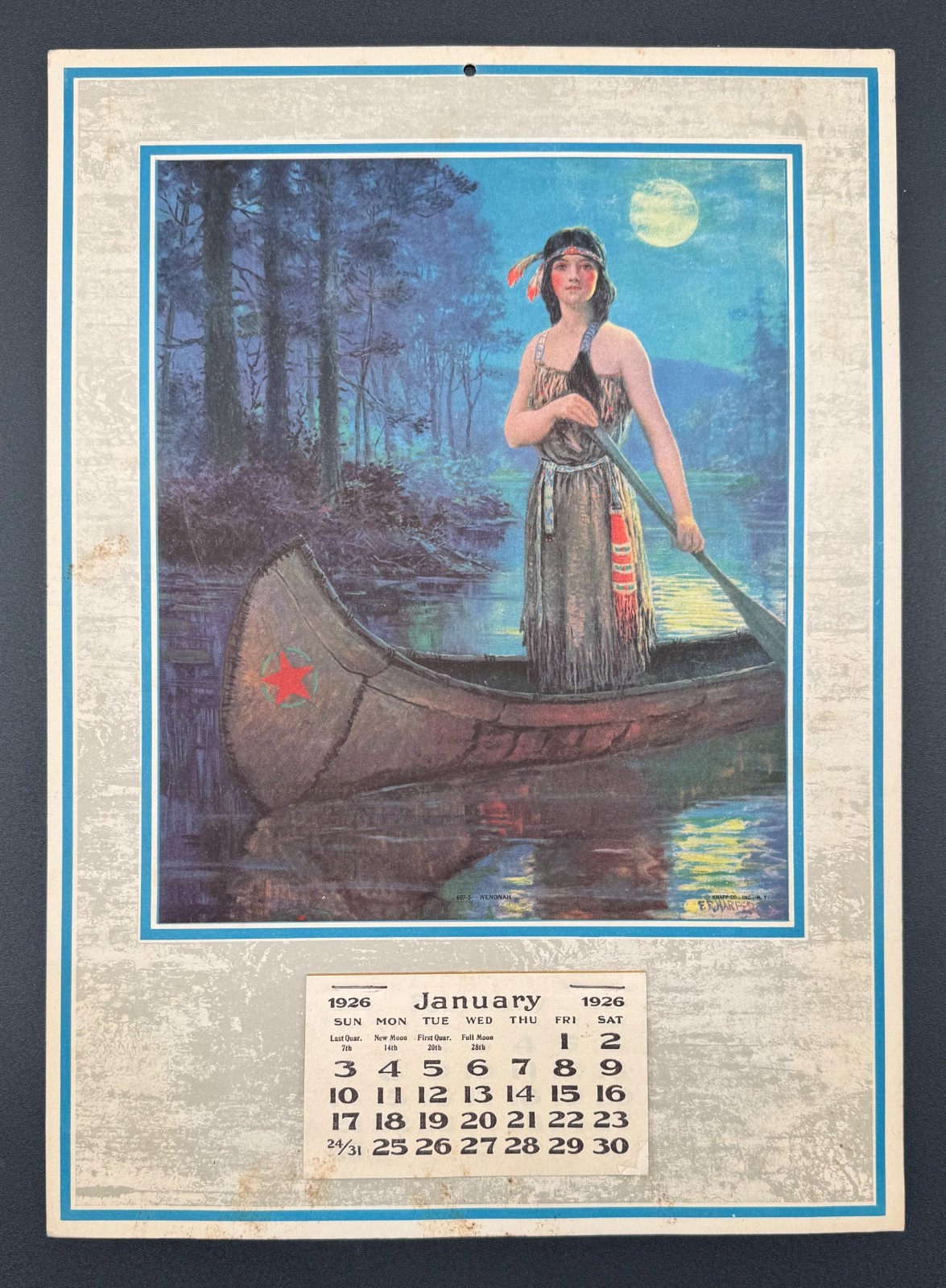1926 Wenonah Calendar F.R. Harper Native American Canoe Coffee Advertising