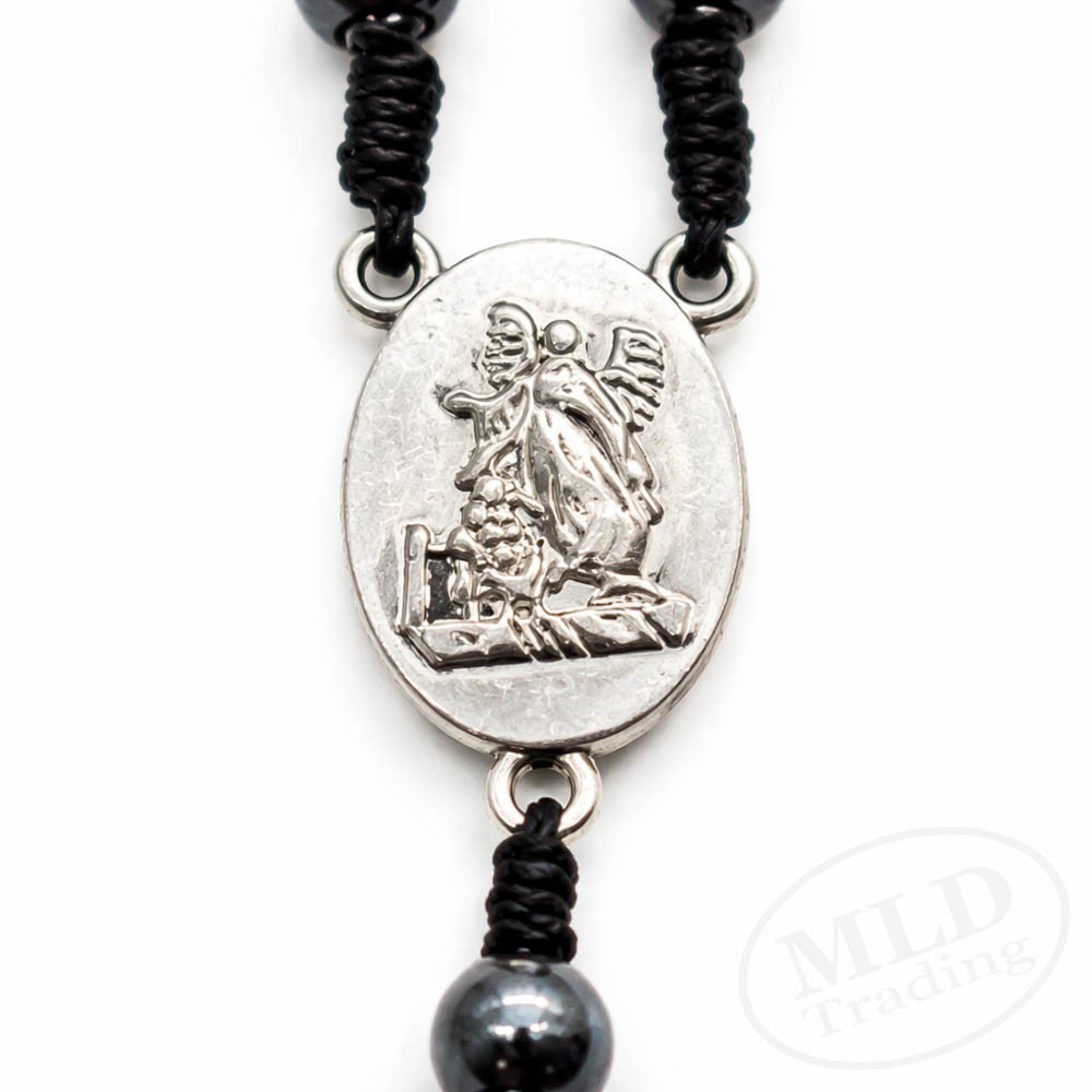 Saint St Michael Medal 12″ Cord Rosary Black Hematite Beads Rosario San Miguel