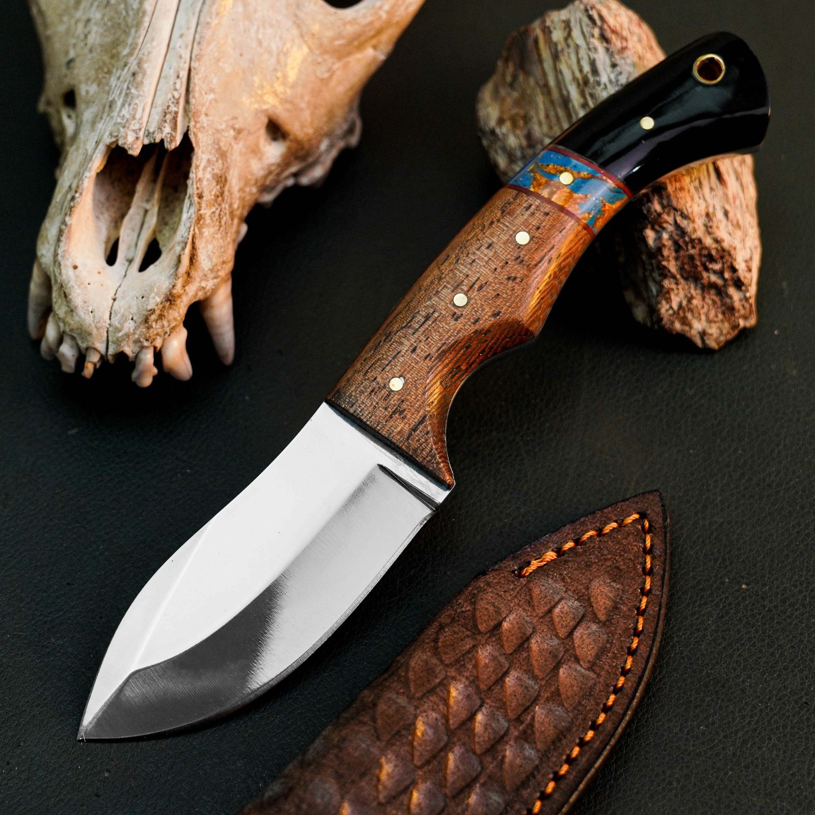 7.6″ D2 EDC Hunting Knife Handmade Full Tang Hybrid Handle Leather Sheath