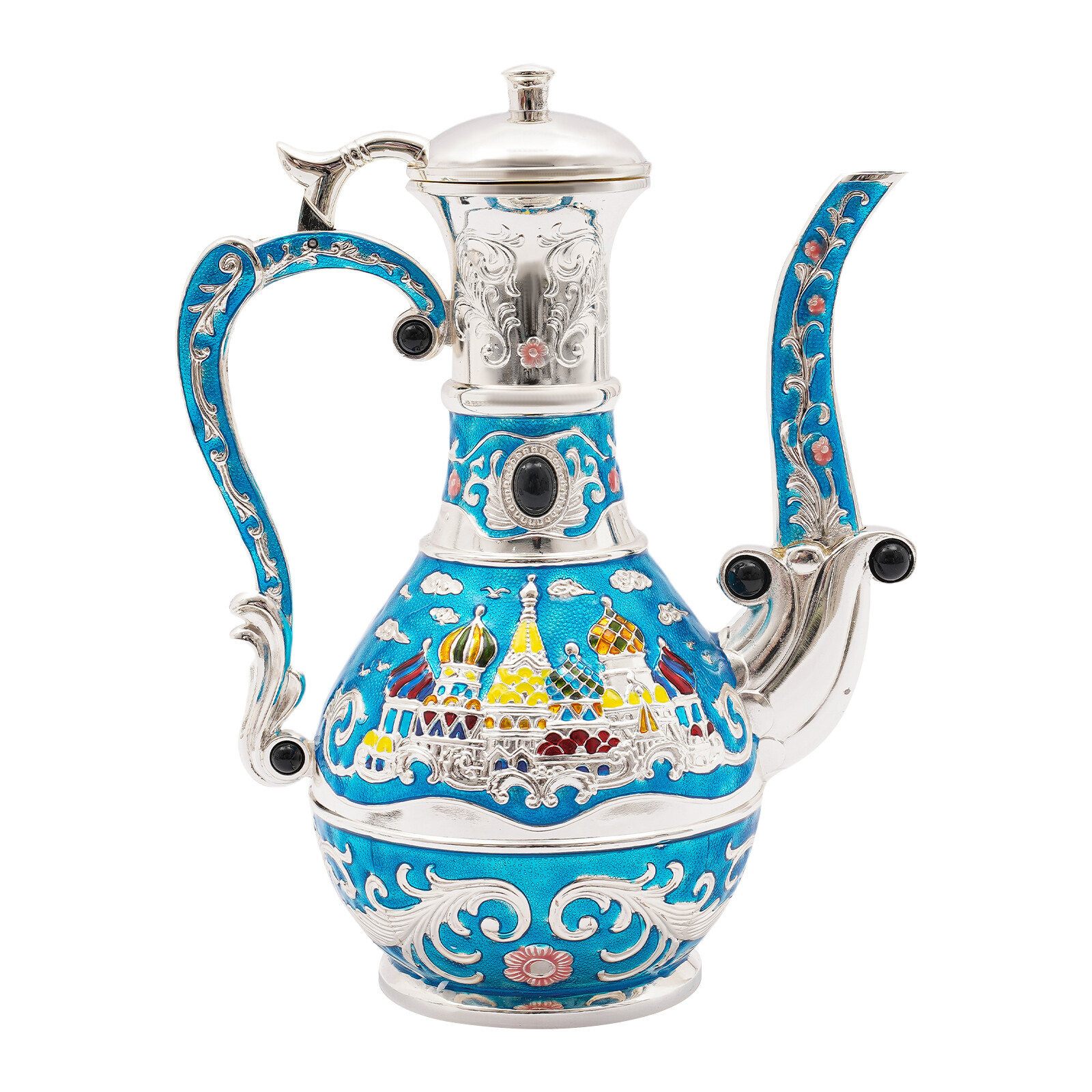 Antique Zinc Alloy Tea Set 800ml Teapot 6 × 50ml Cups Castle Pattern