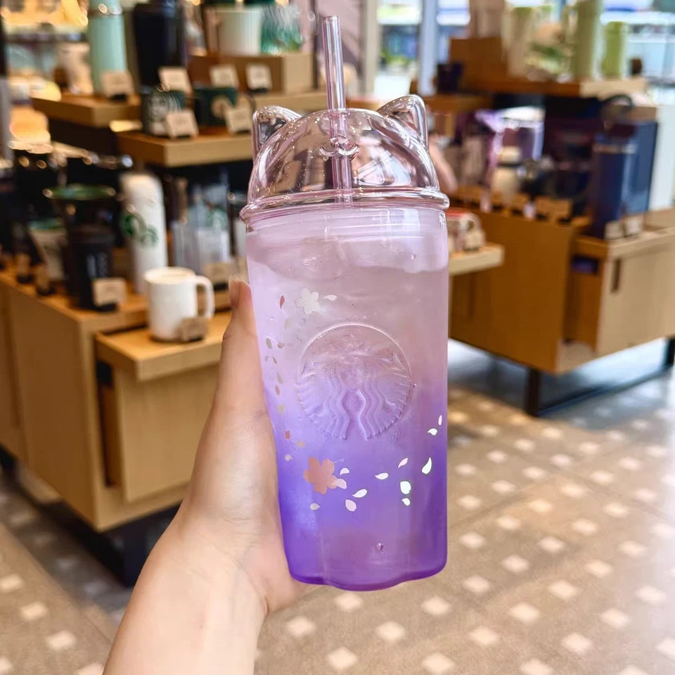 Starbucks Sakura Limited Edition Cat Ear Purple Gradient Glass Cold Cup 500ml