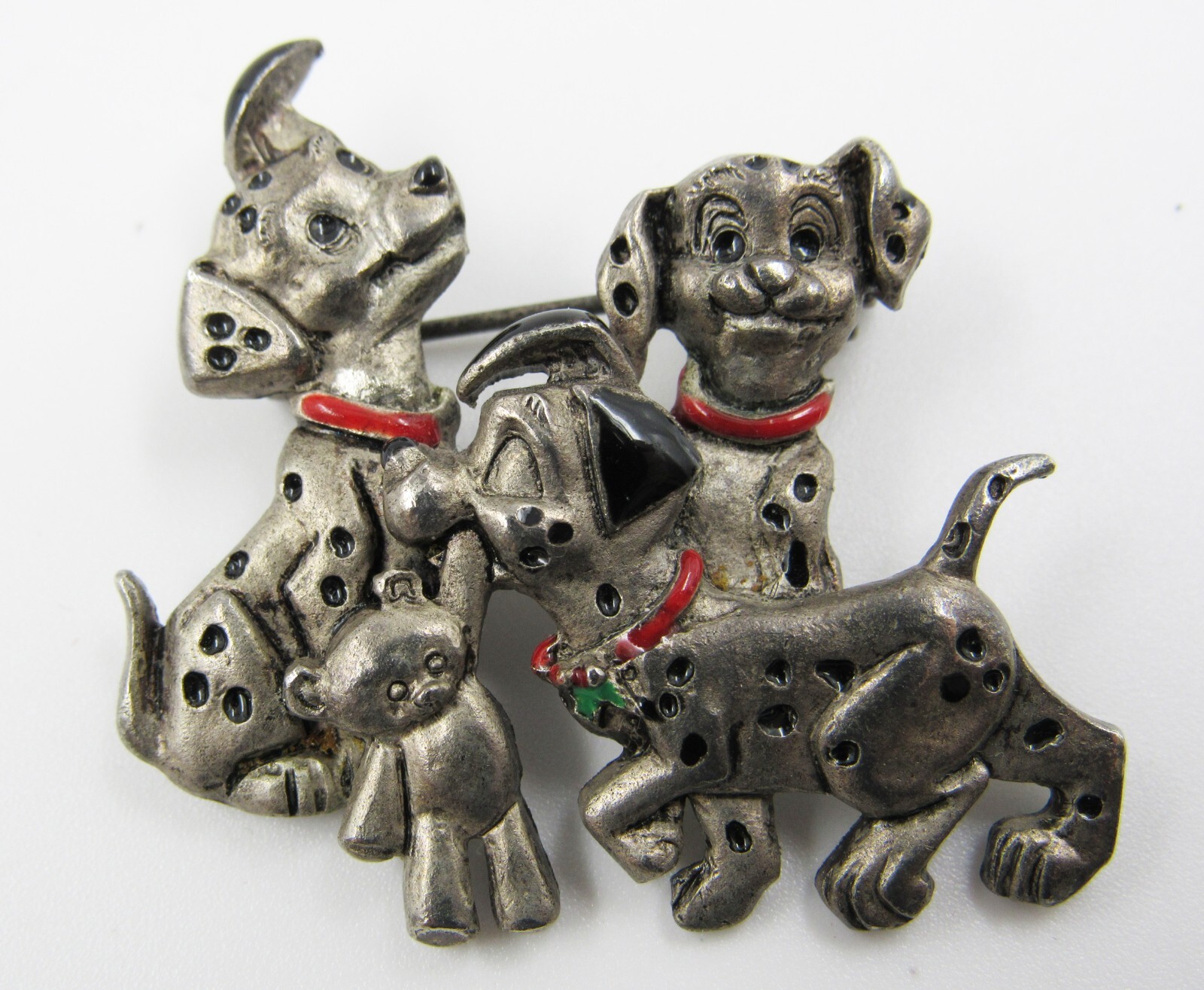 Disney 101 Dalmatians Pewter Christmas PIN / BROOCH 3 Puppies Teddy Bear 1960s