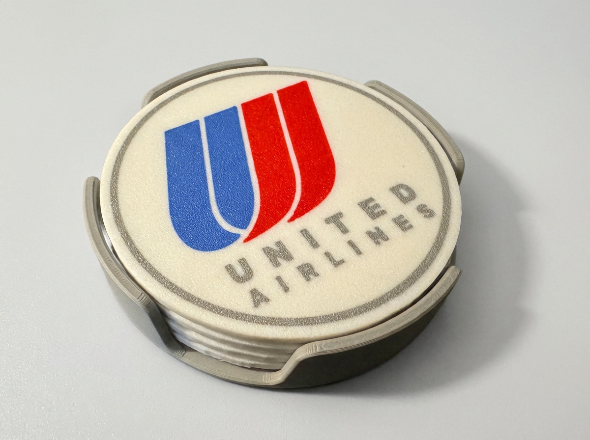 United Airlines Retro Tulip Logo Coasters Set (4) w/ Holder Vintage Decor
