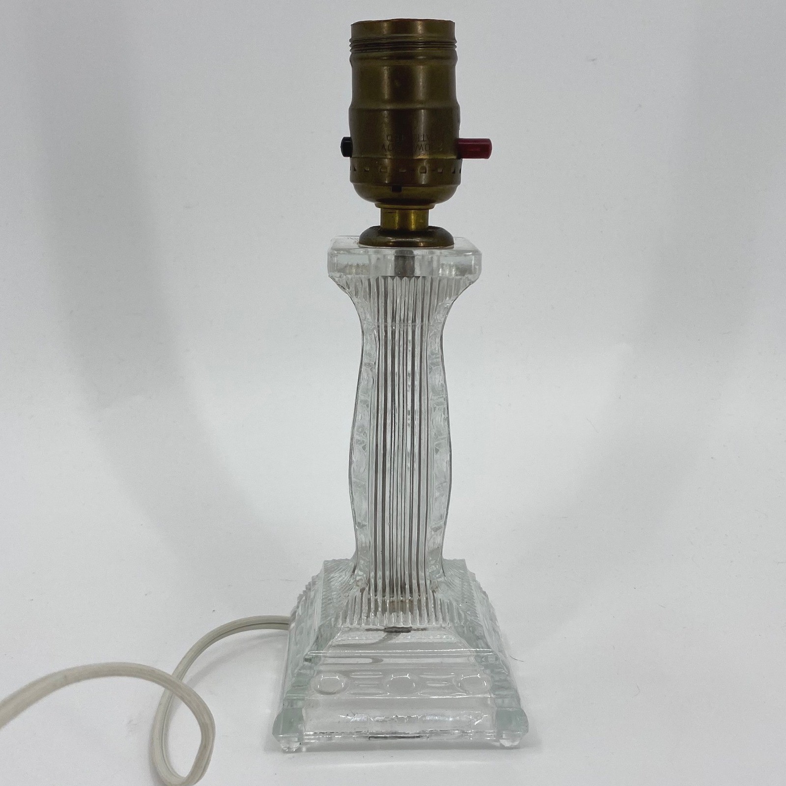 Vintage Clear Pressed Glass Column Vanity Lamp Brass Socket Push Button 8.5in