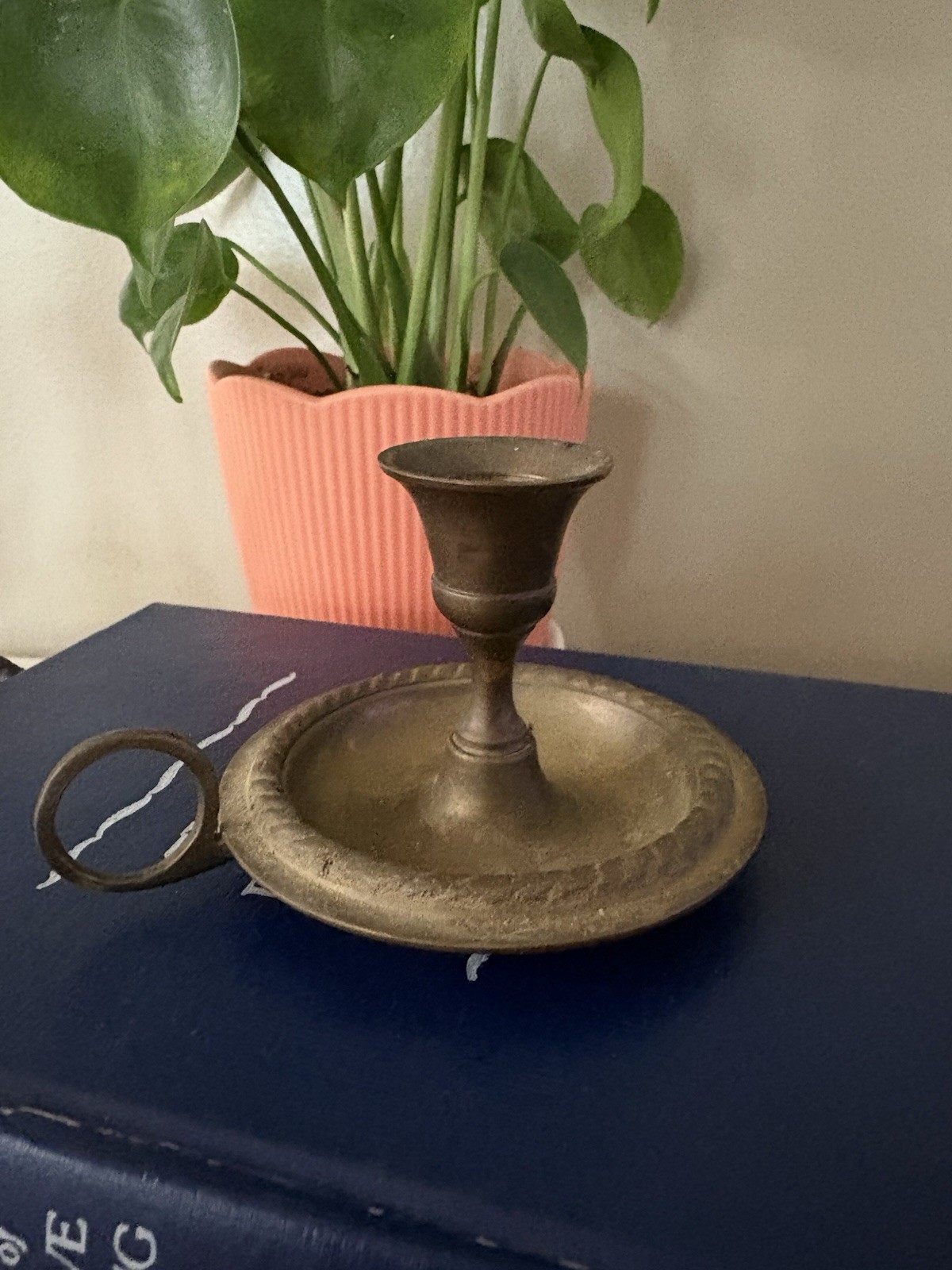 Antique Brass Chamber Stick Candlestick Finger Loop Handle Cottagecore Decor
