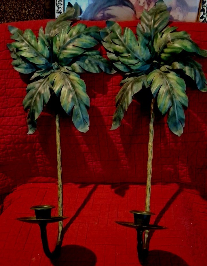 VNTG NWT 2 Palm Tree Wall Sconce Candle Holder Home Interiors Metal 17″ Key West