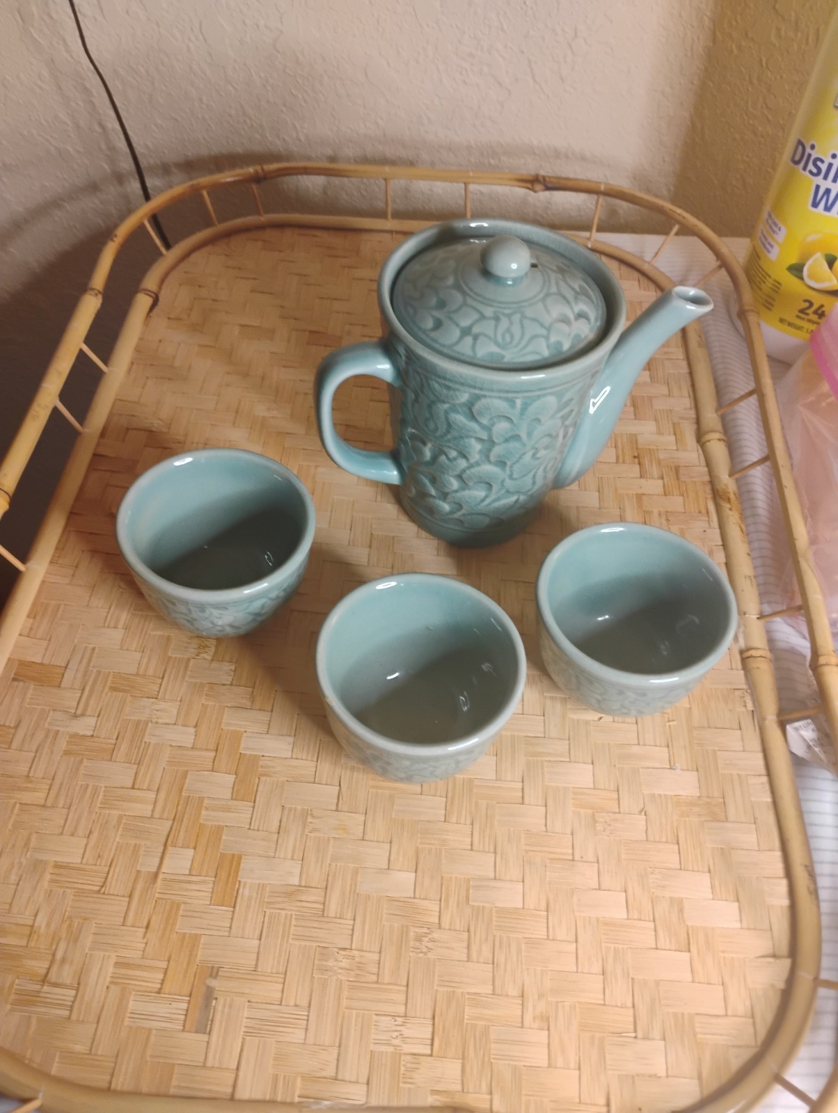 Vintage Crackled Celadon Tea Cups Set With Tea Pot. No Returns Accepted.