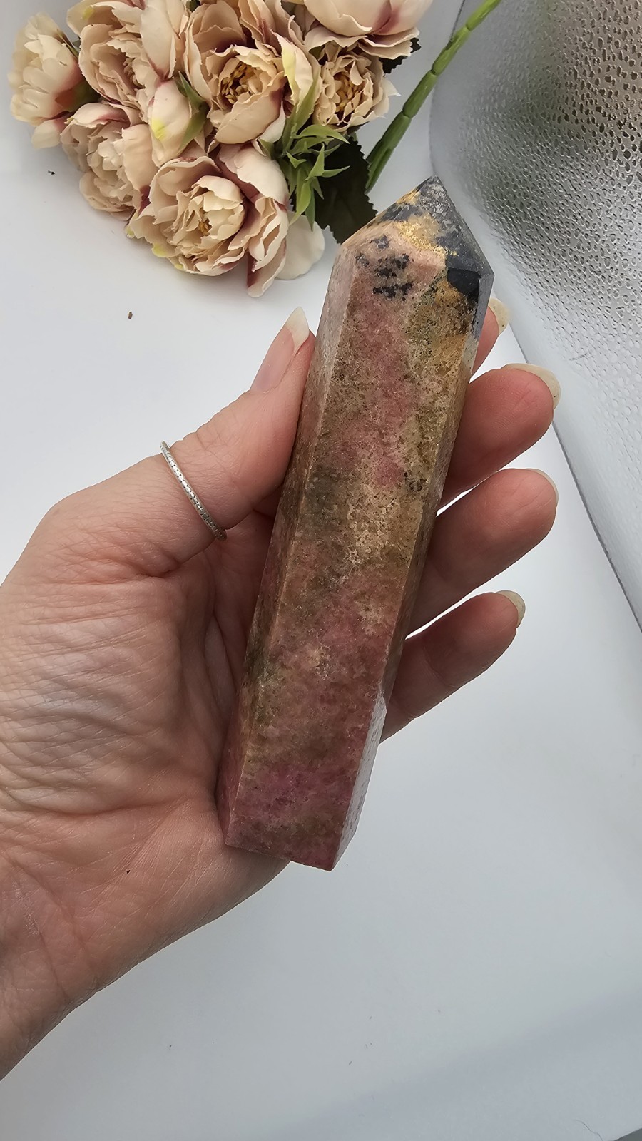 Rhodonite tower point 222g 12cm crystal pink self love relationships