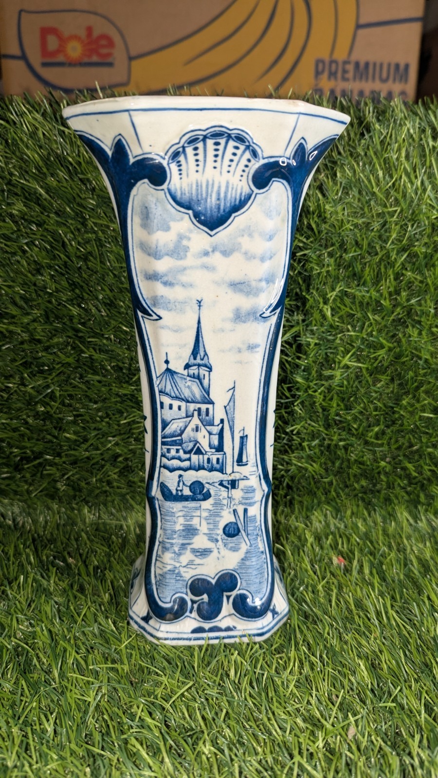 Vintage Antique Vase Signed Delft Blue 501 Village Boats & Flowers 9.5″ in READ!
