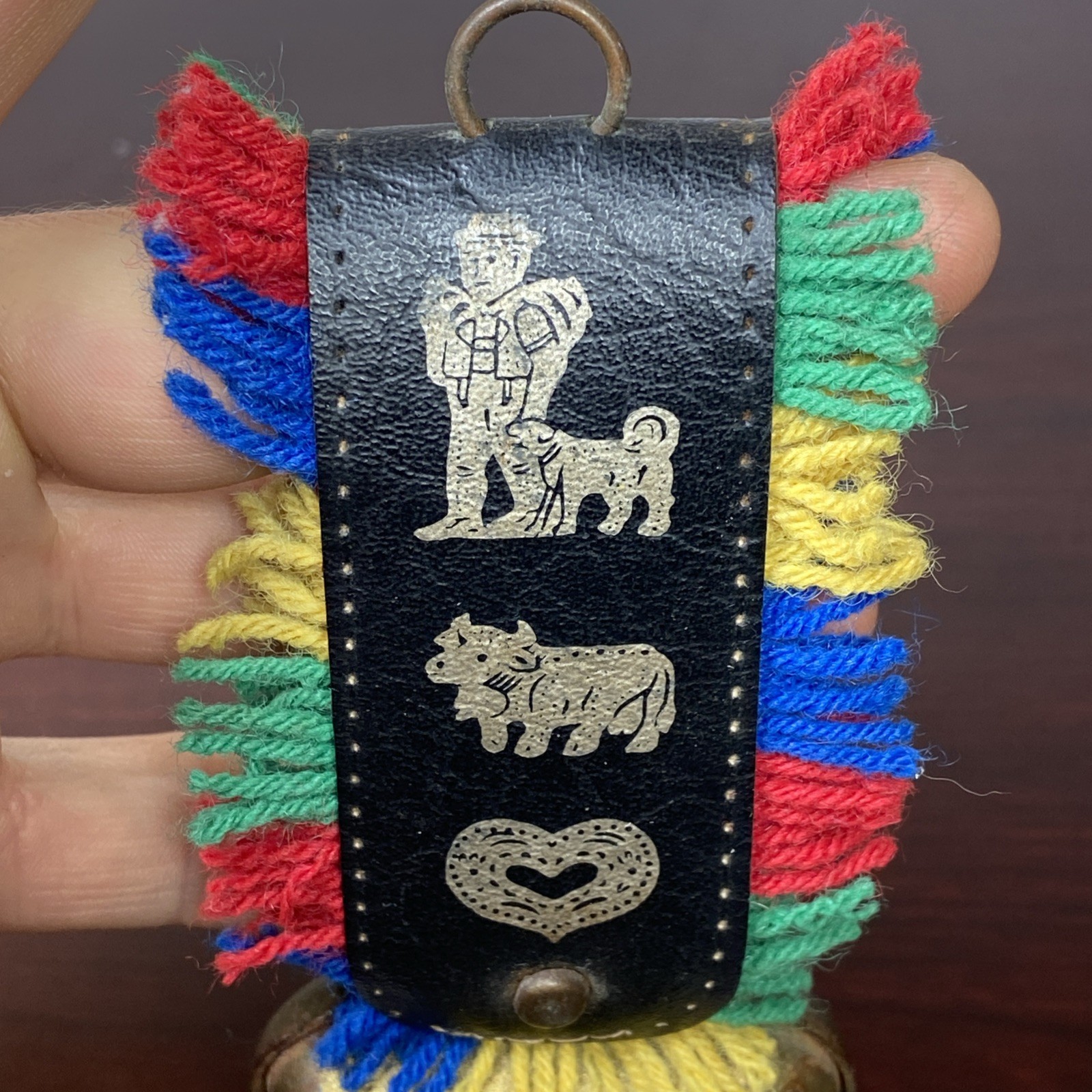 Brass Swiss Cow Bell Multi Color Fringed Leather Strap Vtg 6” Cottage Landscape