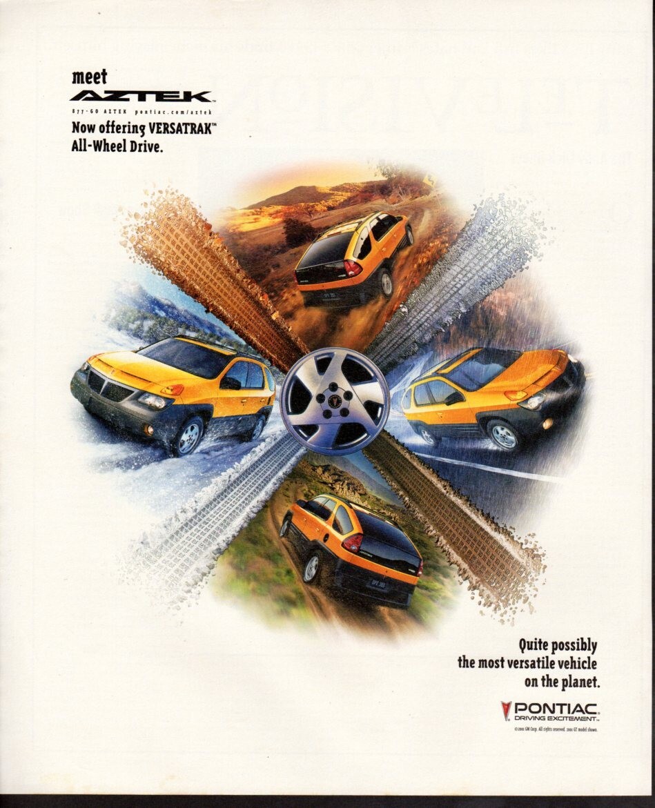 Vintage print ad Pontiac AZTEK Now offering Versatrak All Wheel Drive 2001 ad