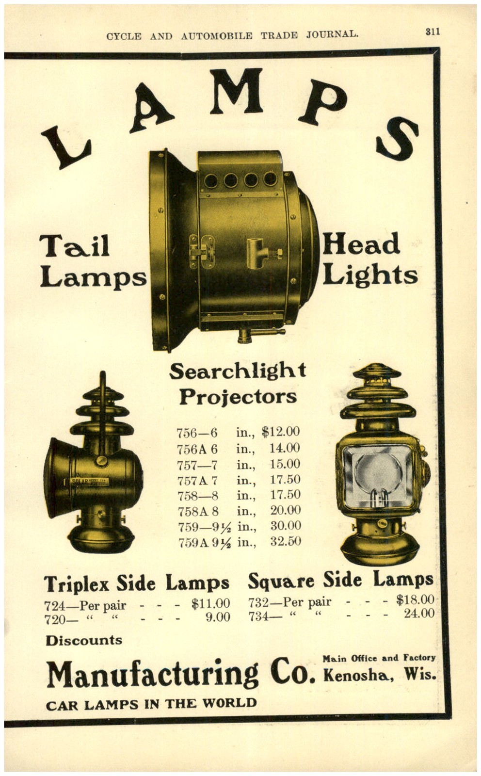 1907 PAPER AD CAR AUTO 4PG COLOR Badger Brass Solar Generator Lamp Search Light