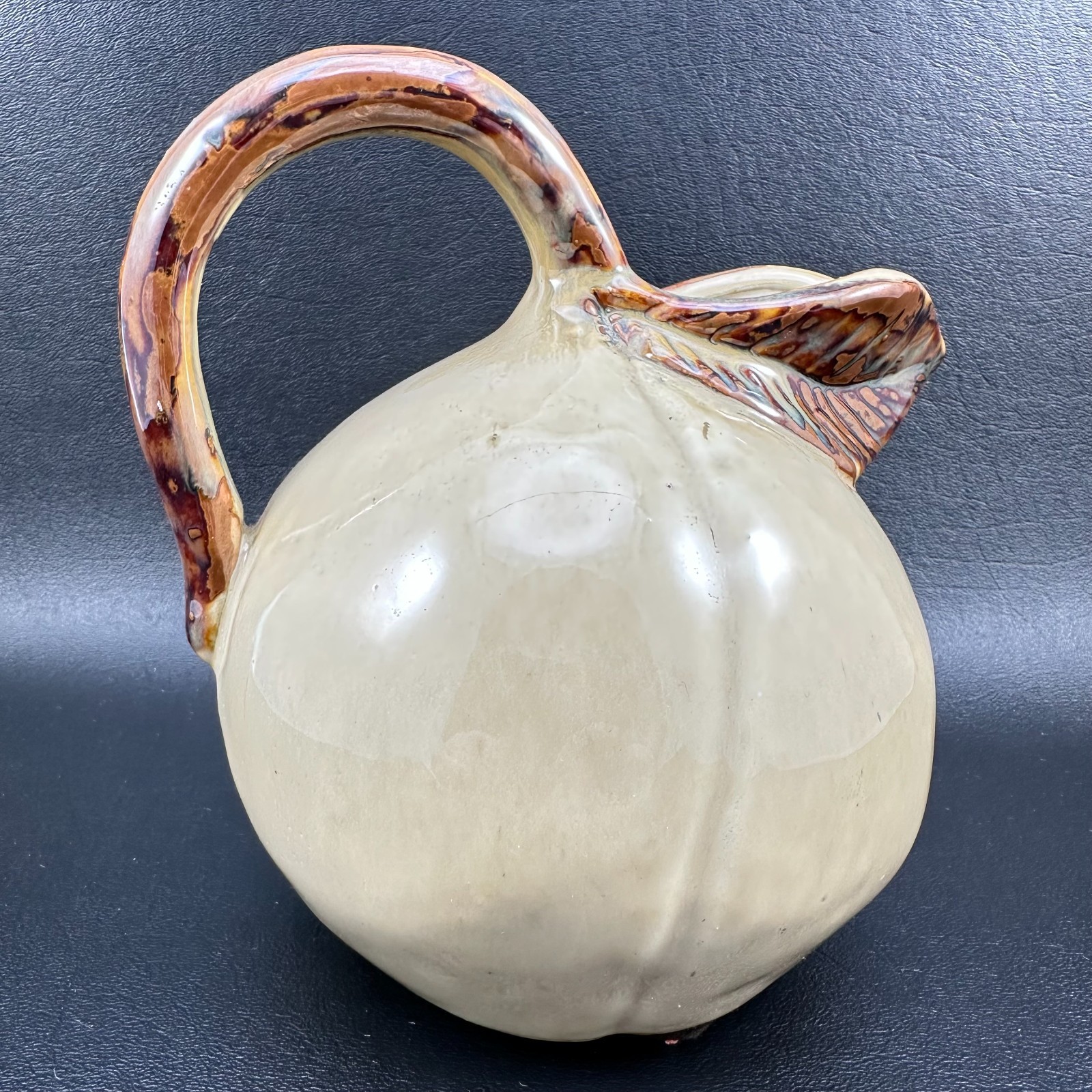 Gourd Pumpkin Pitcher Pottery Leaf Spout Rustic Famhouse Browns Autumn Fall 6.5″