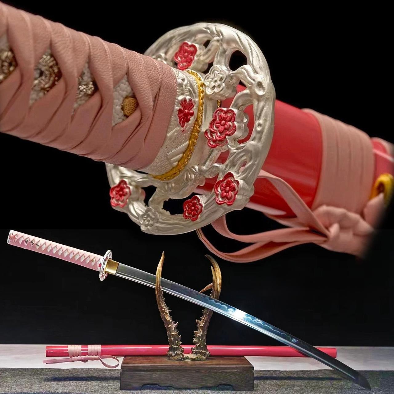 Sharp Pink Japanese Samurai Katana Sword 1095 Steel Clay Tempered Real Hamon