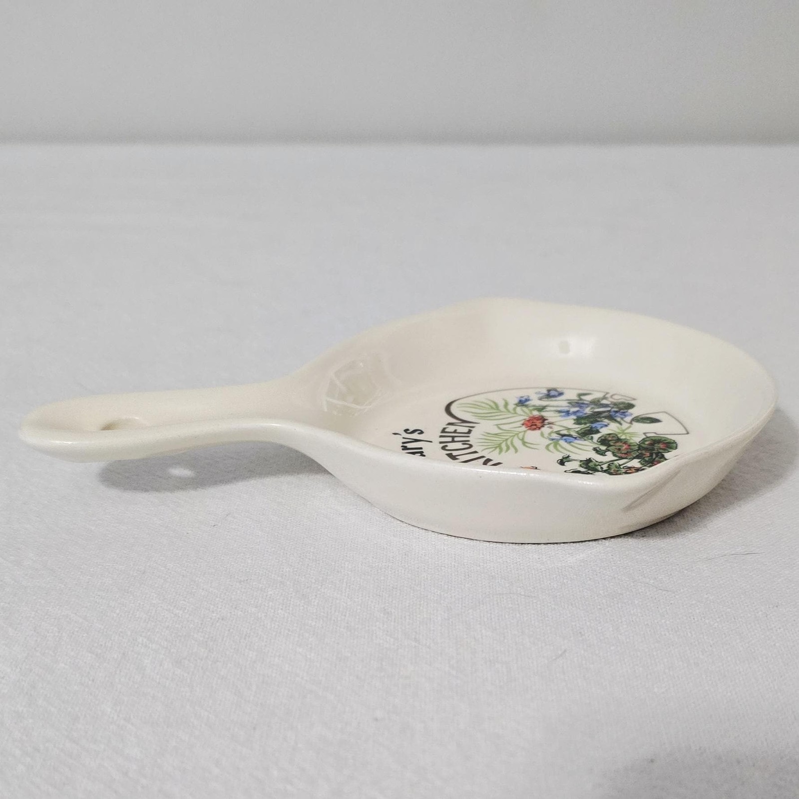 Vintage Ceramic Skillet Spoon Rest, Mary’s Kitchen, Floral Wall Hanging Trivet