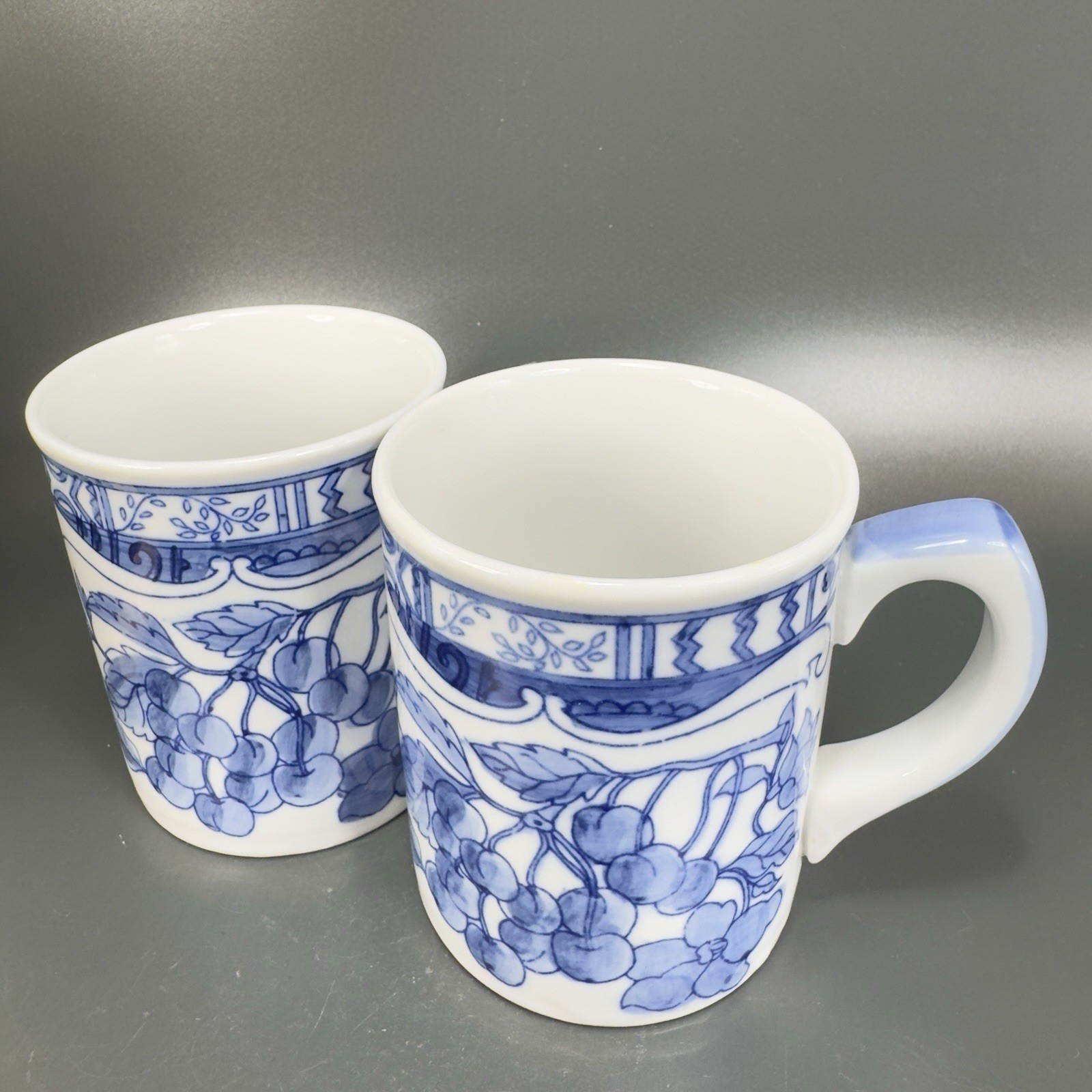 1995 Jardin Blue Cardinal Ceramic Coffee Mug Cup Set 2 Blue White Fruit Cherry