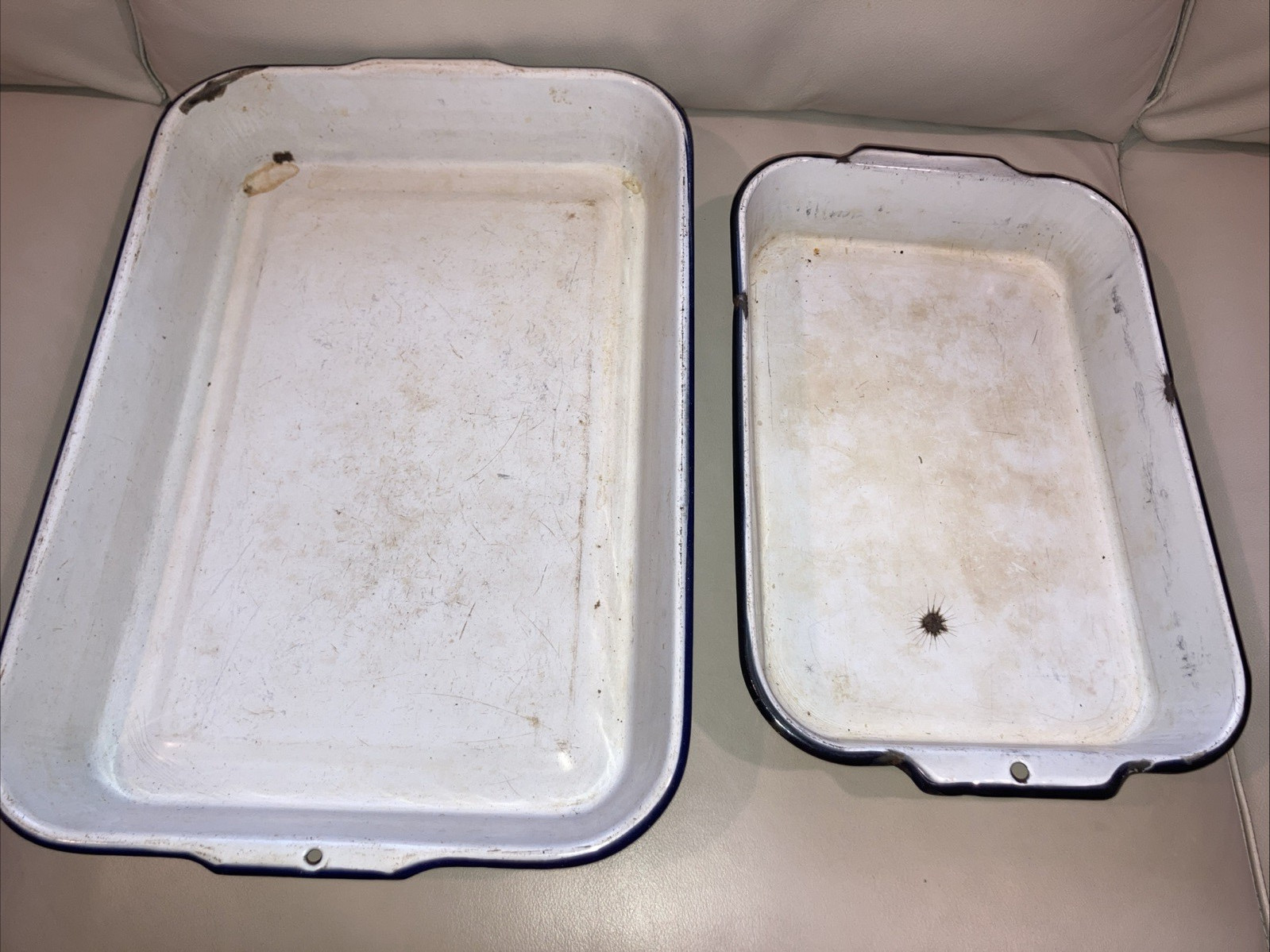 Enamel White Pans LOt of 2 Black Rim Large 18 x 12.5 inch and med 14.5 x 9.5 in