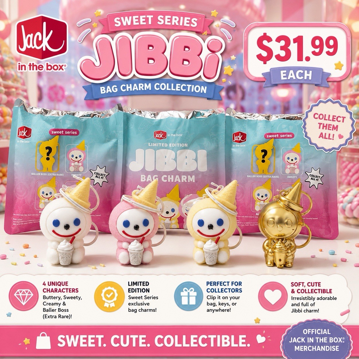 Jack in the Box JIBBI Sweet Series Bag Charm Keychain, Detachable Keyring