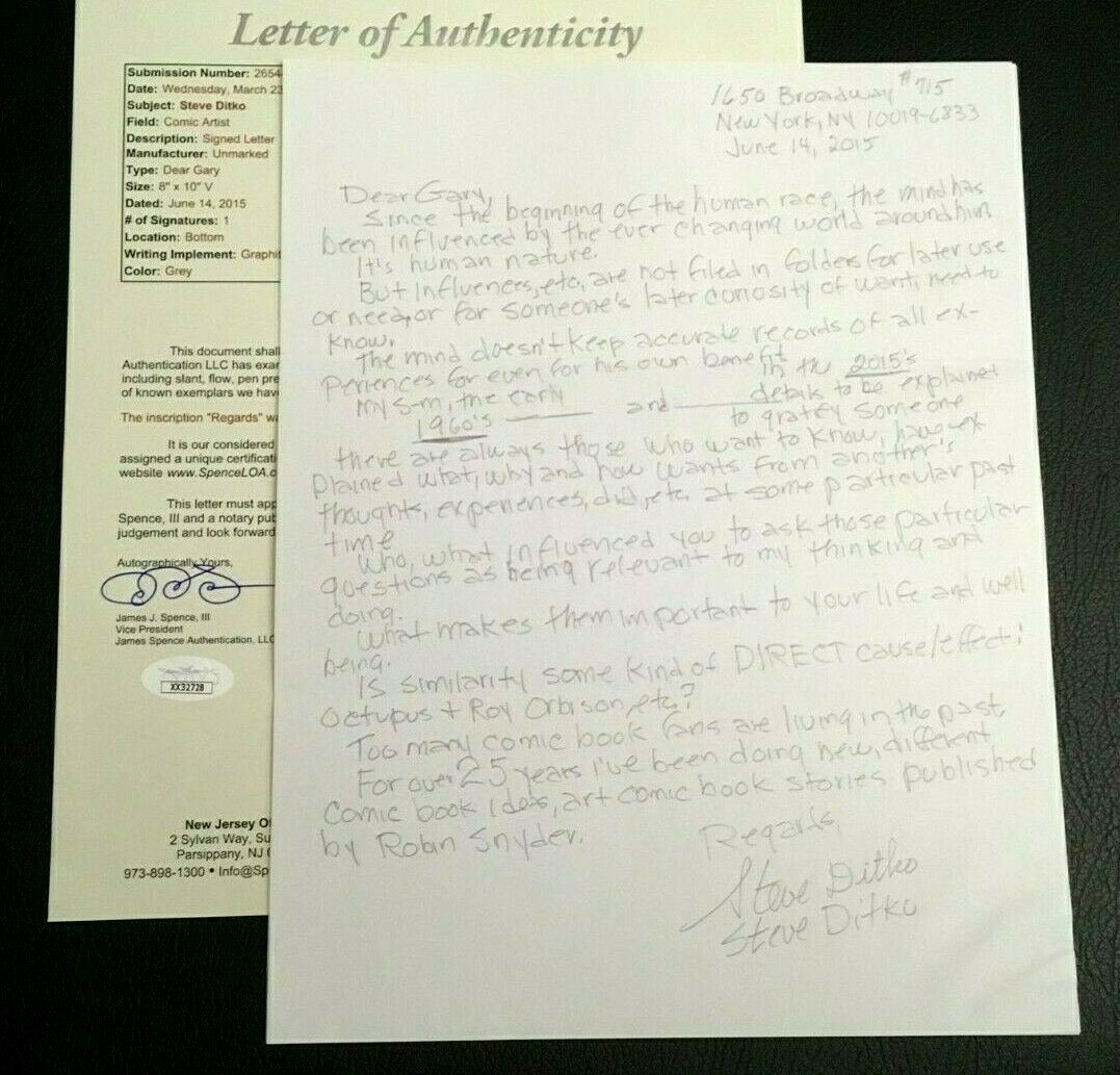 STEVE DITKO SIGNED FULL PAGE LETTER JSA COA LOA RARE MARVEL COMICS SPIDER-MAN