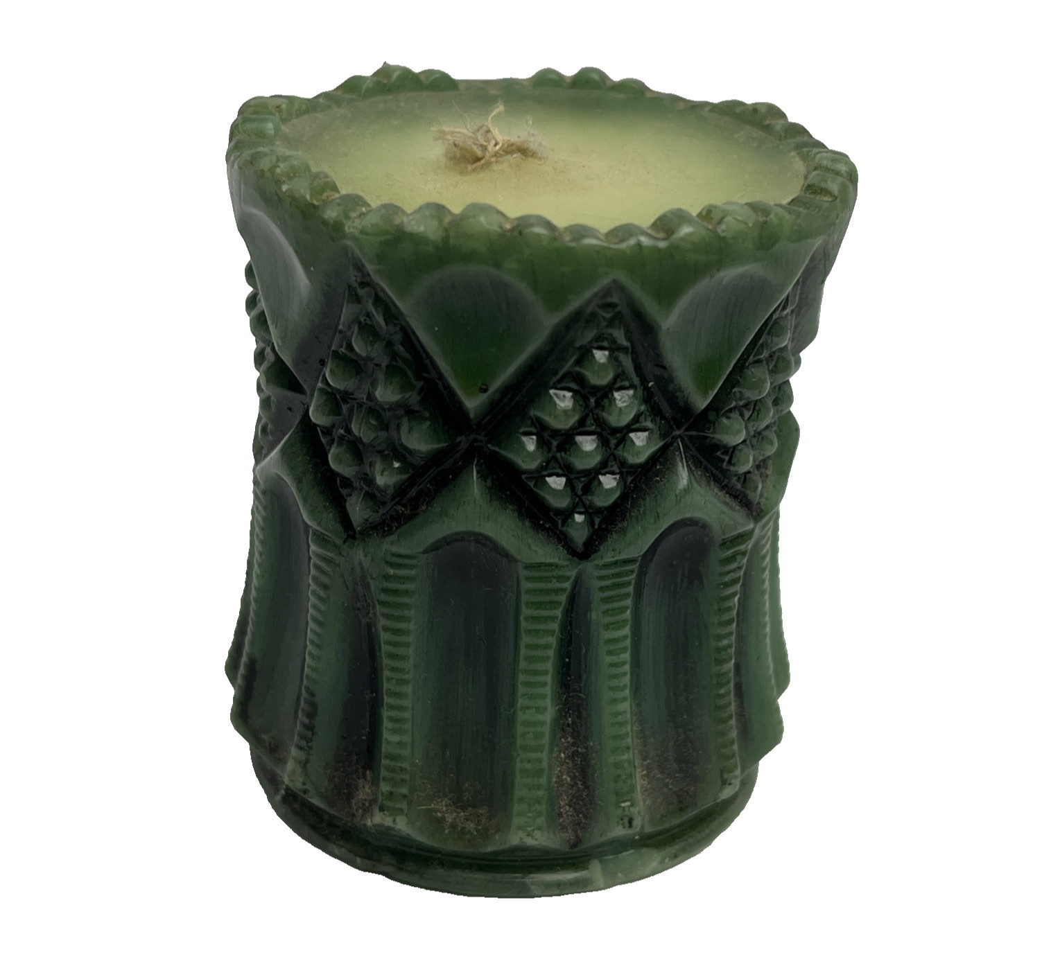 Vtg Mini Candle 2.5” Tall & 2” Diameter – The Outter Green Patterned Part is Wax