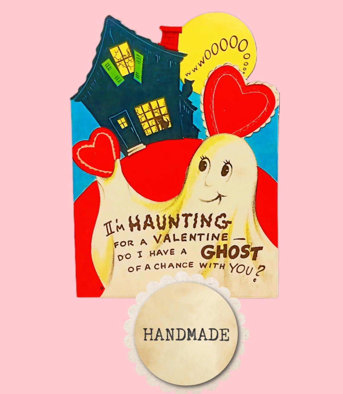 Vintage Style Valentine Card, GHOST/HAUNTED HOUSE „I’M HAUNTING FOR A VALENTINE“