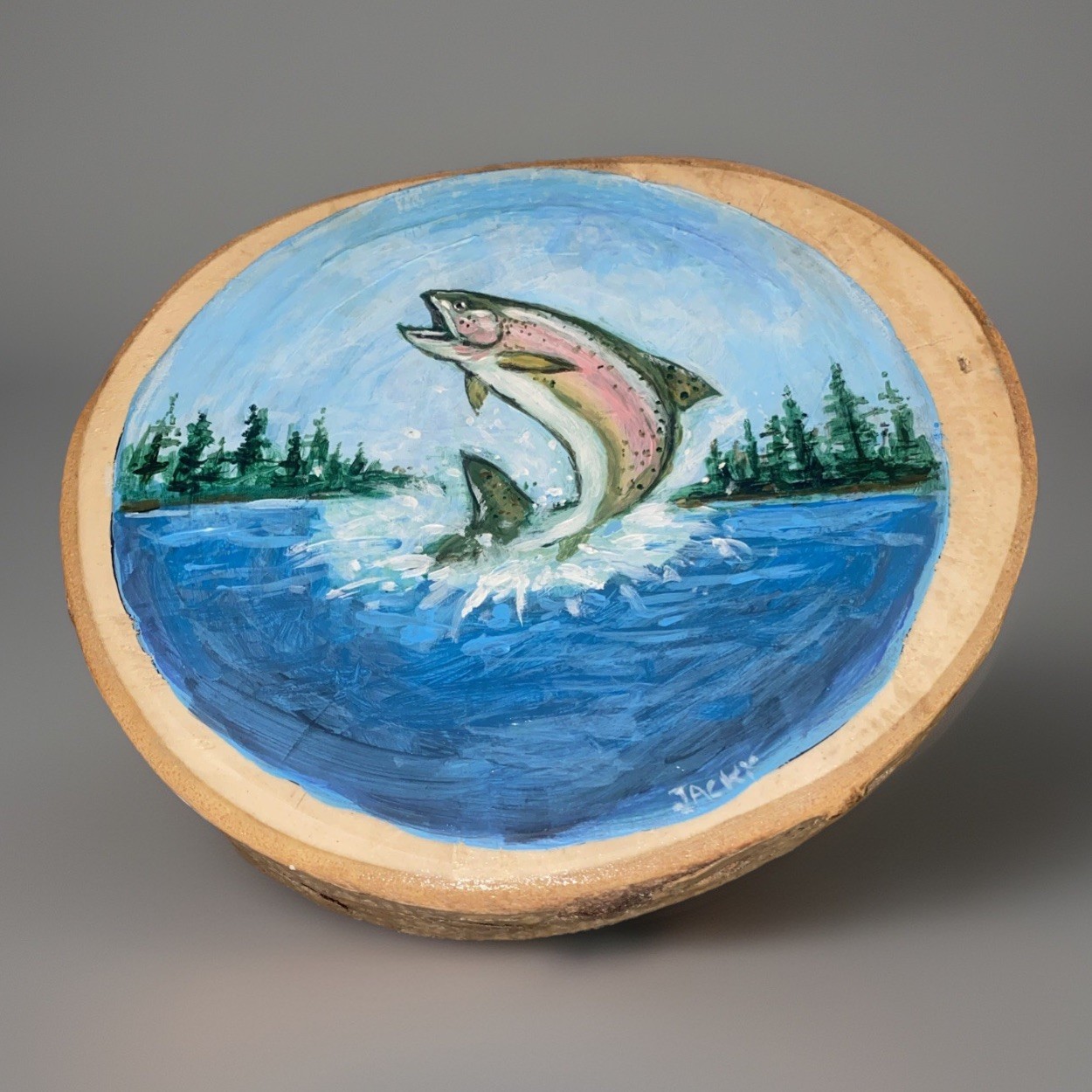 Trout Fish Painting Folk Art Jumping Trout Hand Painted Round Wood 7” X 8” Rare!