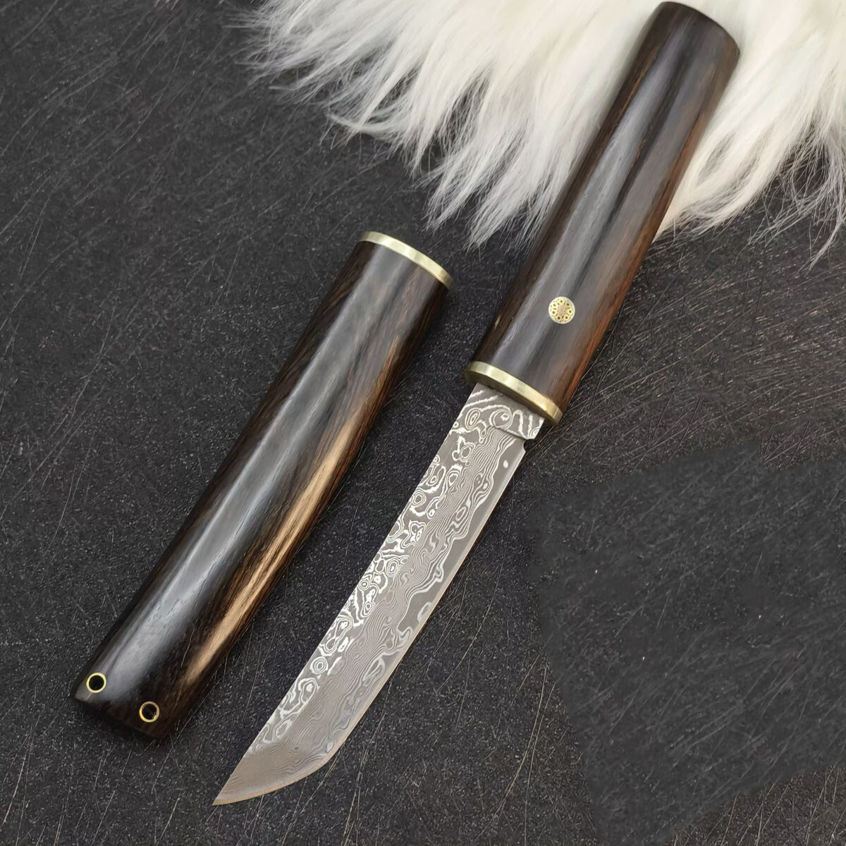 Damascus Outdoor Knife Ebony Handle Sharp Blade for Camping Hiking