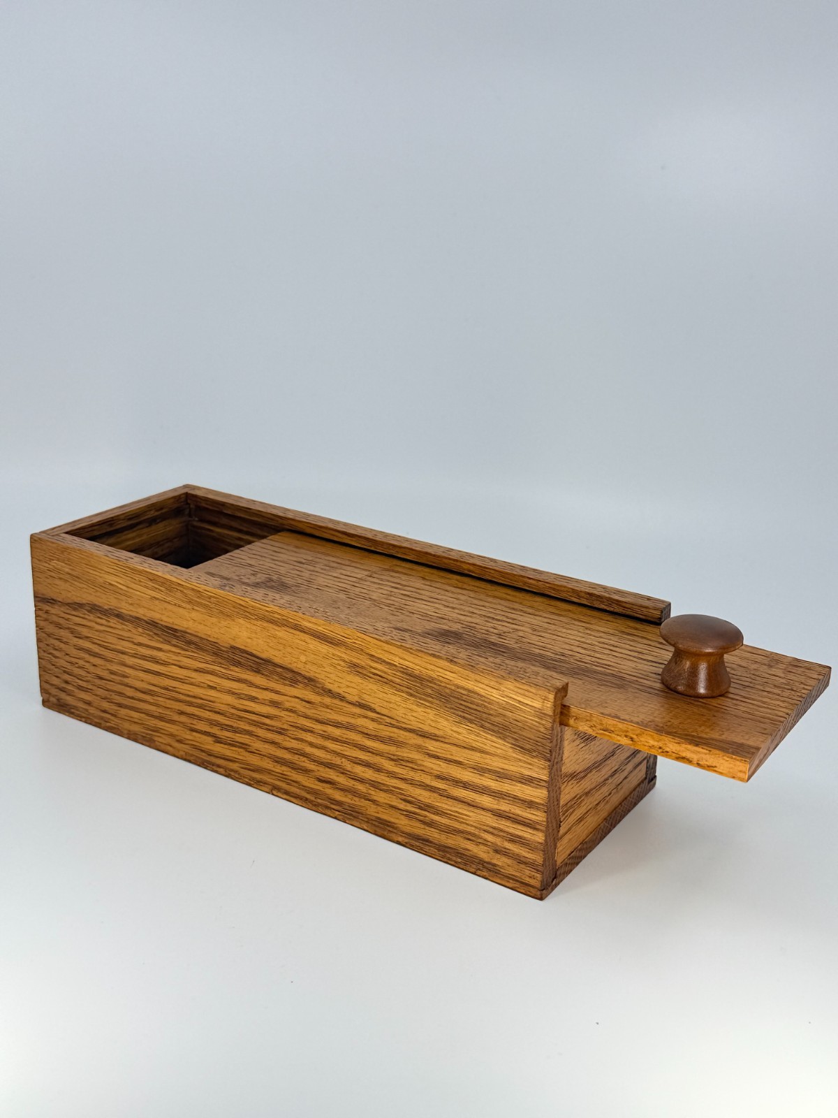 Vintage Oak Trinket Stash Box Wood Knob Handle Rectangle Sliding Lid 3x9x3.5