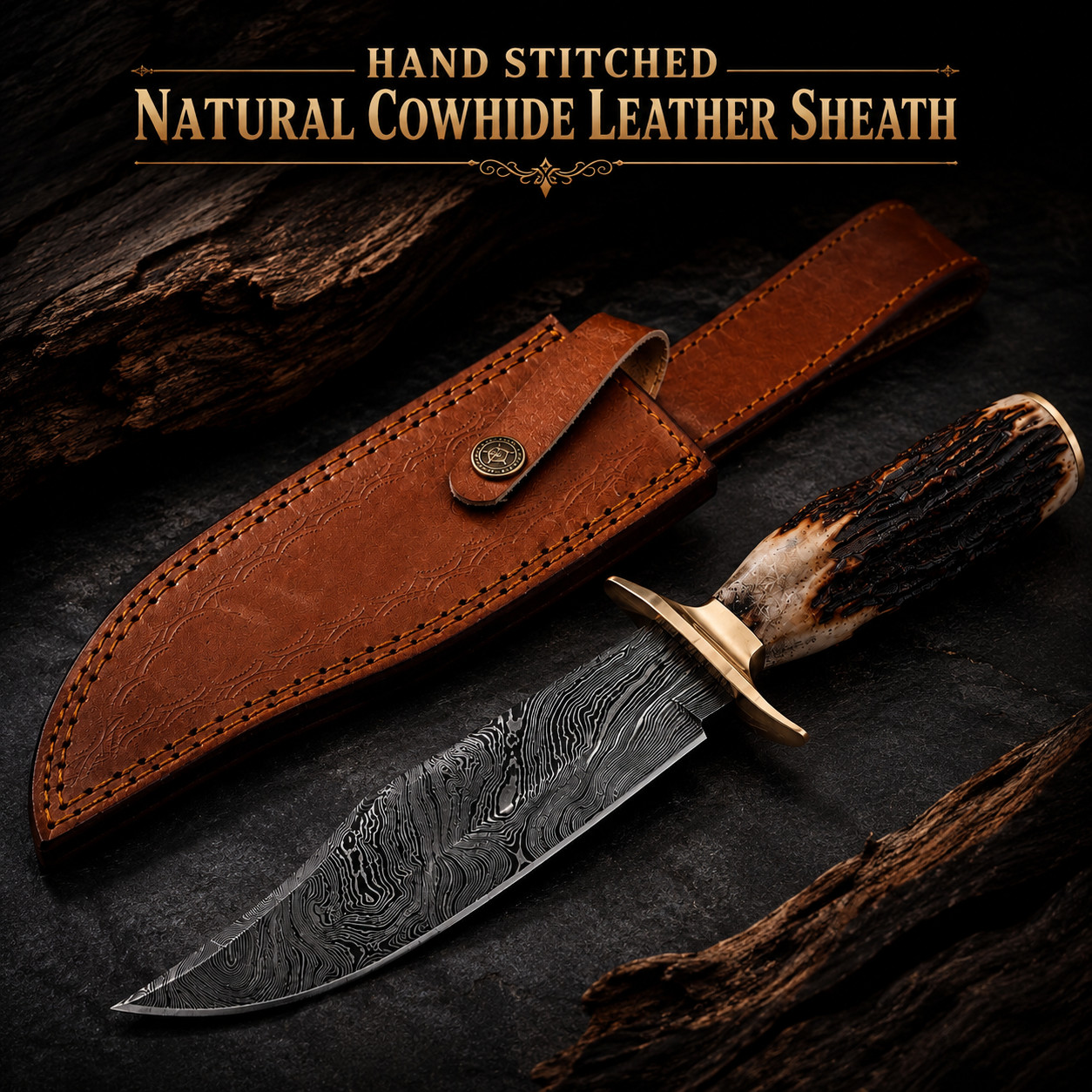 Buckhorn-Beast Bowie Hunting Knife Fixed Blade Outdoor Survival Stag Handle