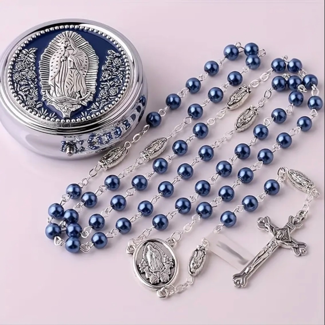 Our Lady of Guadalupe 6mm Glass Pearl Blue Beads Catholic Virgen Guadalupe