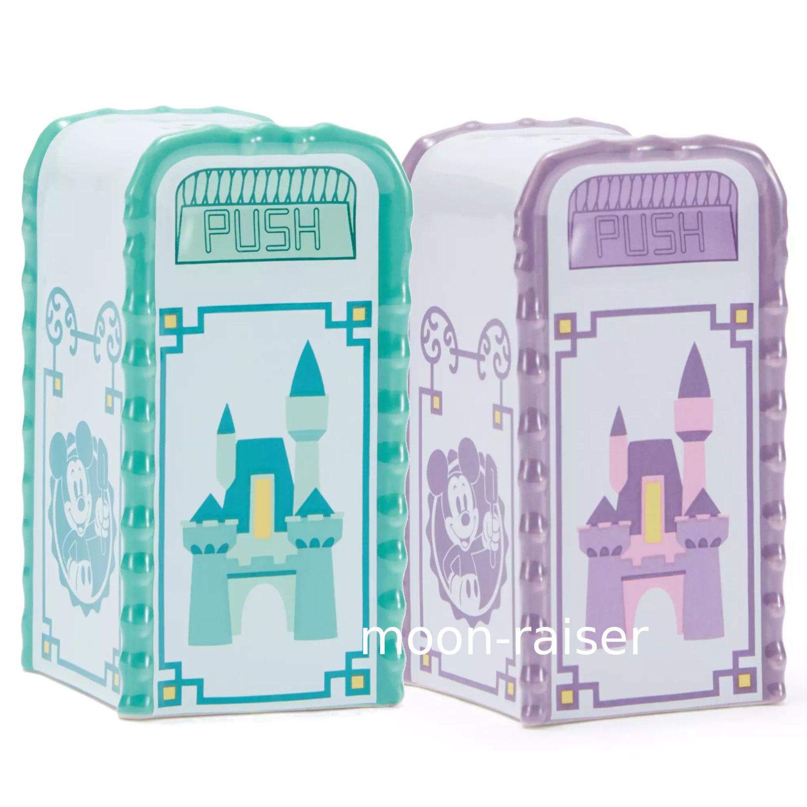 Disney Parks Mickey Mouse Trash Can Salt and Pepper Shaker Set Green and Purple