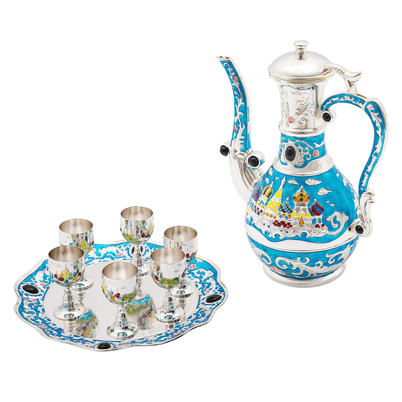 Antique Zinc Alloy Tea Set 800ml Teapot 6 × 50ml Cups Castle Pattern