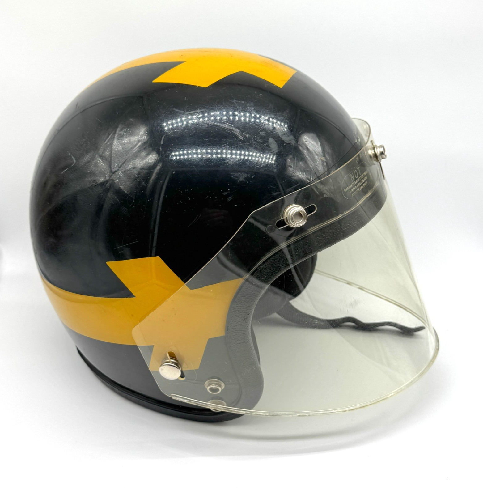 Vintage Motorcycle Helmet 70s Black w/ Yellow Stripe and Visor Sz M Decoration